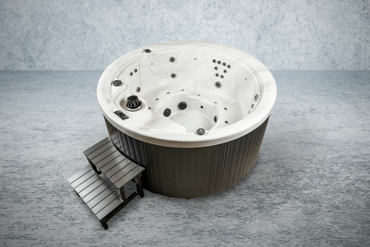 PureHaven American Outdoor-Whirlpool 208x208 cm für 4 Personen mit 33 Massagedüsen Gecko Computersystem Heizung LEDs Farbe Sterling Silber/Grau