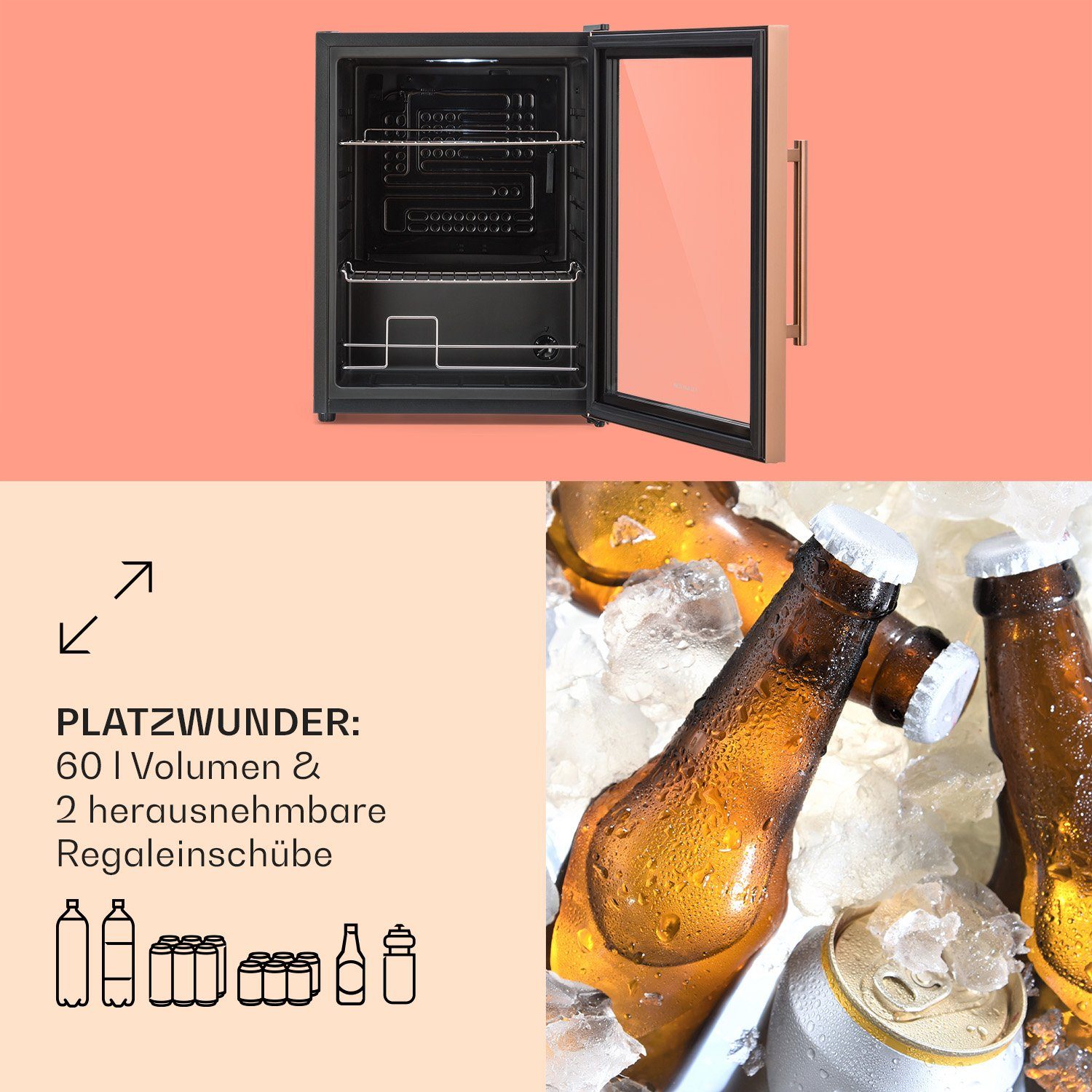 Klarstein Getränkekühlschrank HEA-Beersafe-XL-copp 10041891, 63 cm hoch, 47 cm breit, Bierkühlschrank Getränkekühlschrank Flaschenkühlschrank mit Glastür