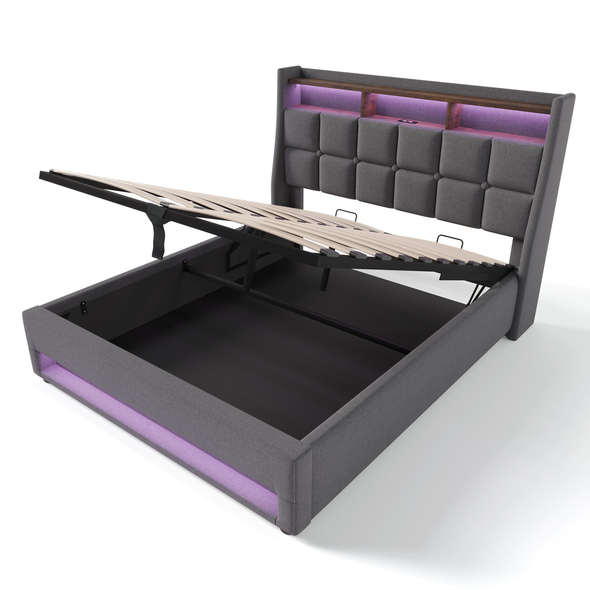 OKWISH Polsterbett Bett (LED Doppelbett Jugendbett mit USB/Typ-C Ladeanschluss), 160 x 200 cm Inklusive Matratze