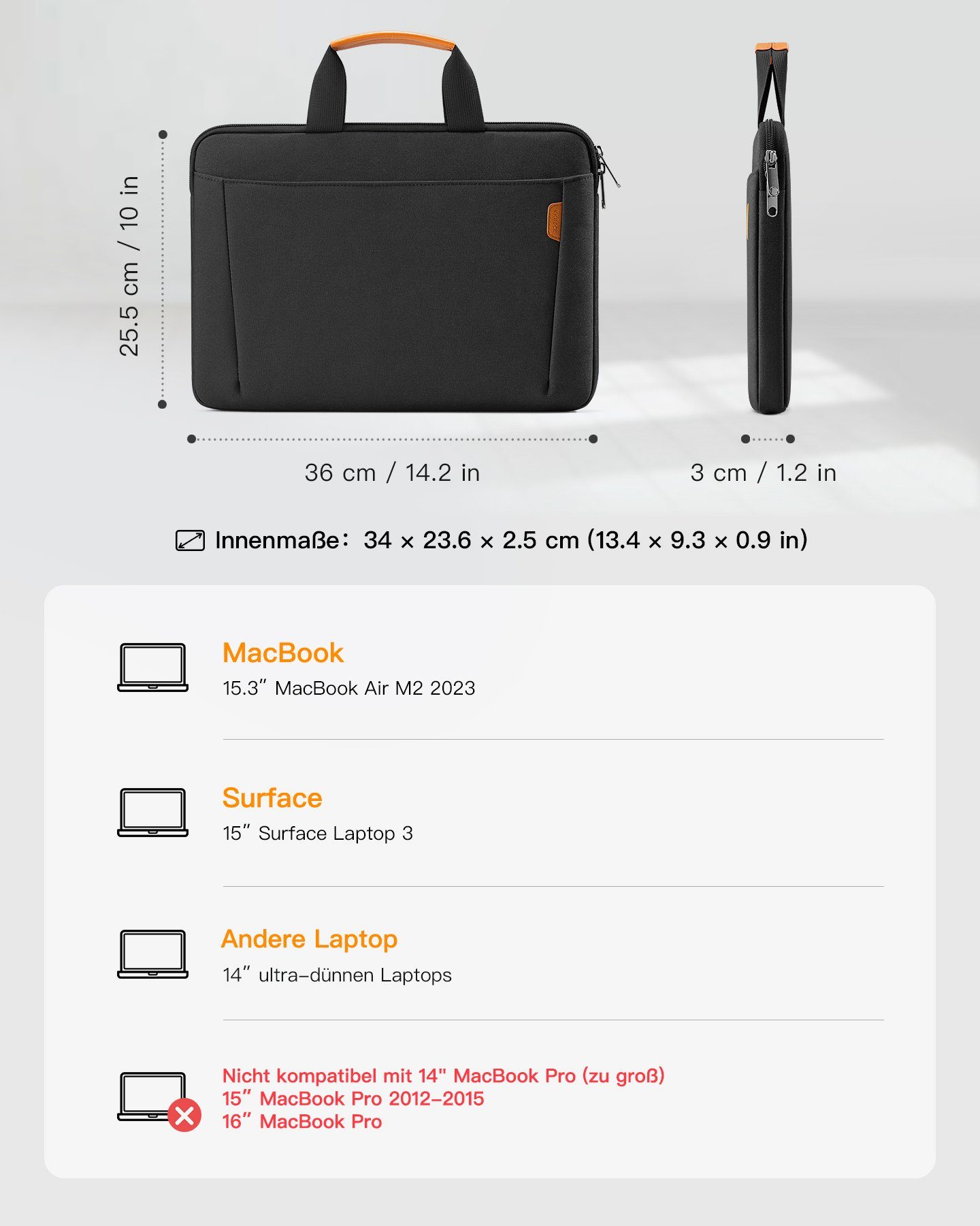 Inateck Laptoptasche Kompatibel mit 15.3 Zoll MacBook Air M2, den meisten 14 Zoll Laptop