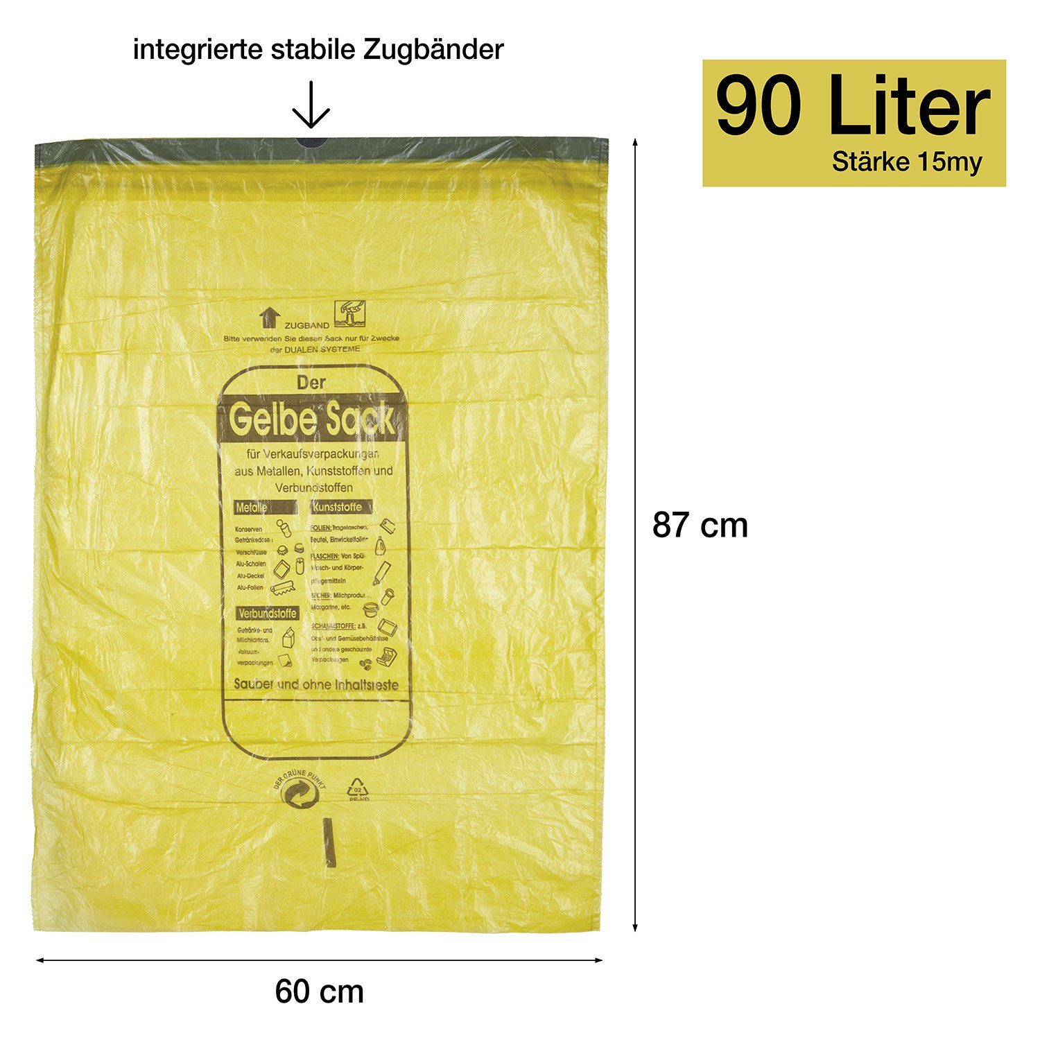 BigDean Müllbeutel 10 Rollen (130 Säcke) 90 L HDPE Gelb ca. 60x87 cm plus 5cm Umschlag