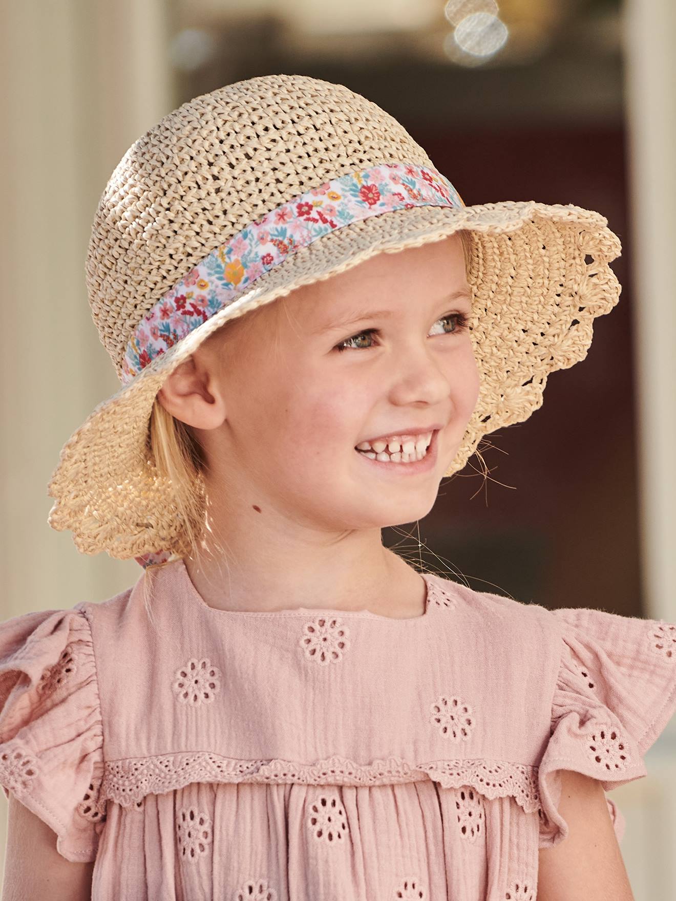 Chapeau aspect paille effet crochet avec ruban imprimé fille sable