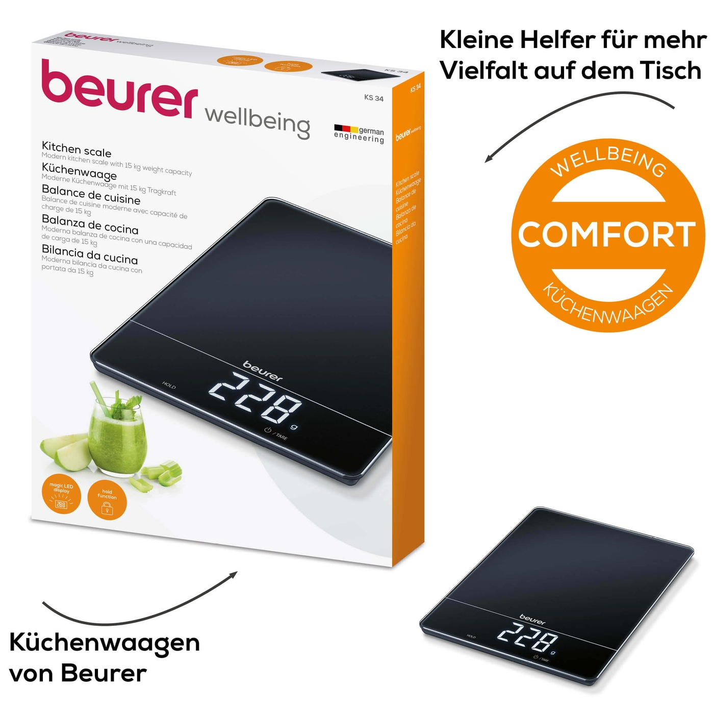 Beurer Küchenwaage KS 34-Edle Küchenwaage mit Glasoberfläche & Magic-Display - bis 15 kg