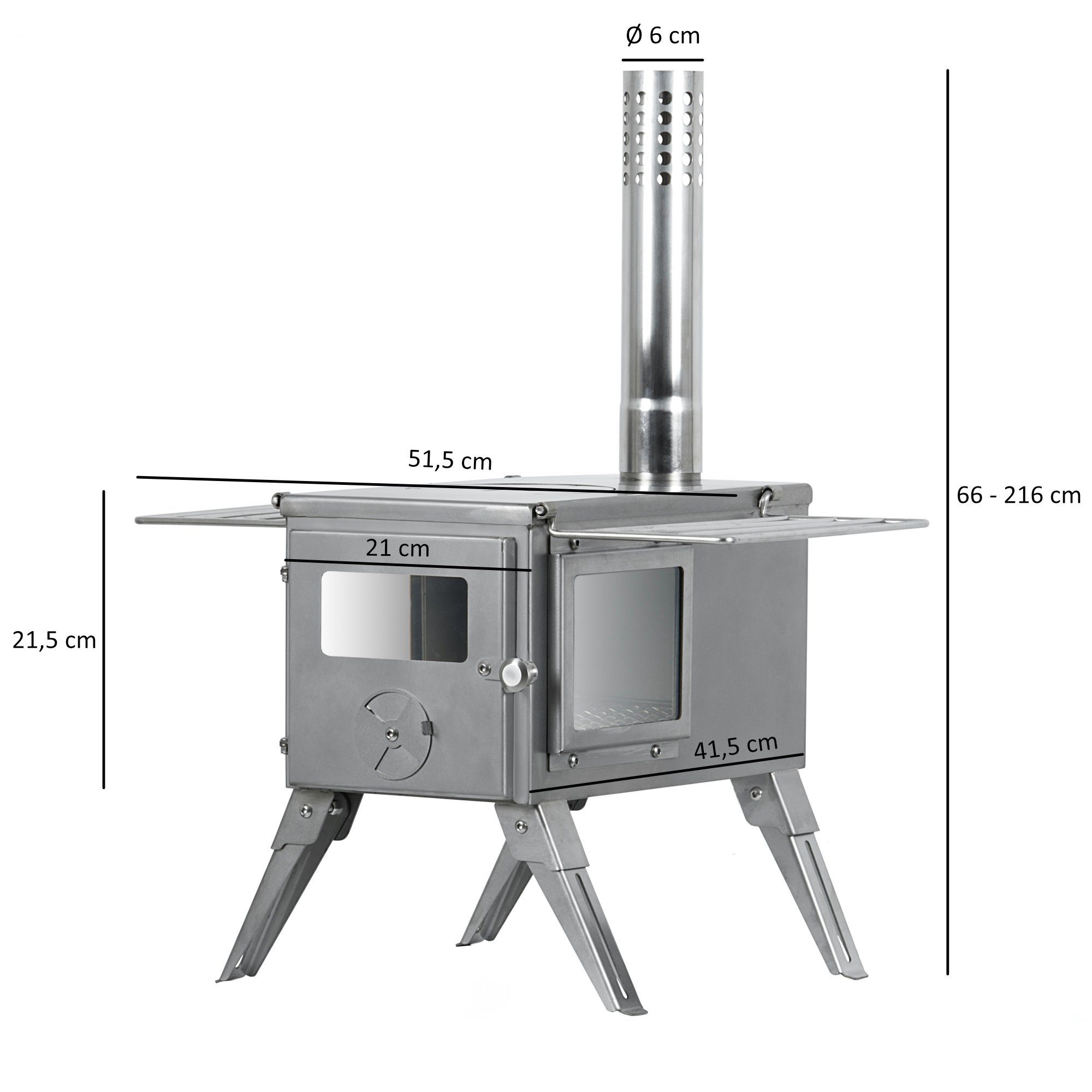 CampFeuer Feuerstelle Edelstahl Zeltofen, 51,5 x 42 x 216 cm, Zeltheizung Camping
