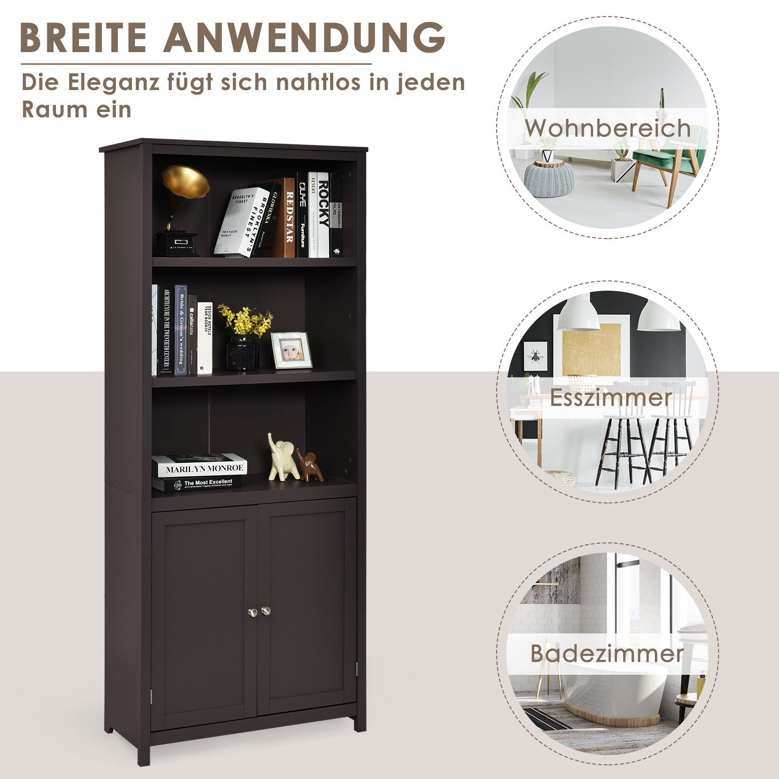 COSTWAY Bücherregal, mit Türen & Schrank, 3 offene Regale, 74,5x35,5x181,5 cm
