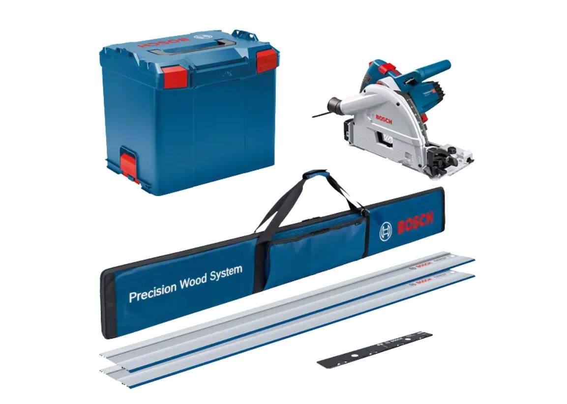 Scie plongeante Bosch Blue 0615990M9B GKT 55 GCE + 2 rails de guidage + coffret de transport pour FSN + pièce de raccordement dans L-Boxx
