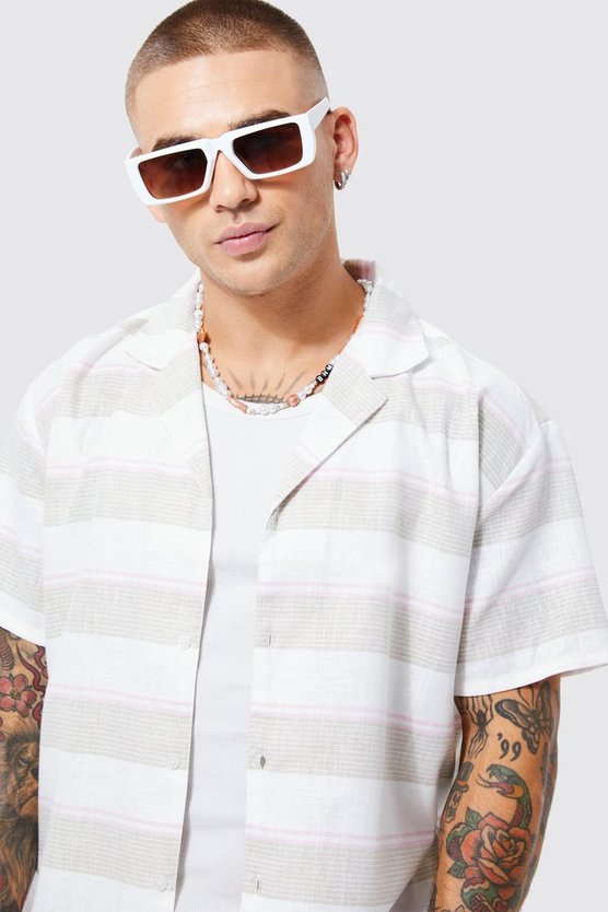 Kurzärmliges gestreiftes Oversize Colorblock Hemd