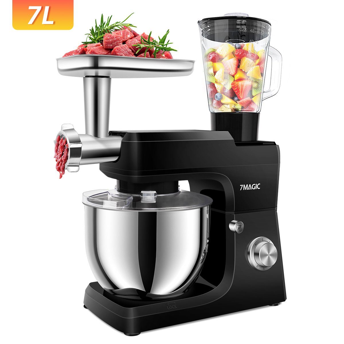 7Magic Küchenmaschine 5 in 1 Multifunktions Standmixer, 1500 W, 7 l Schüssel, 6+0 Geschwindigkeiten und vollem Zubehör