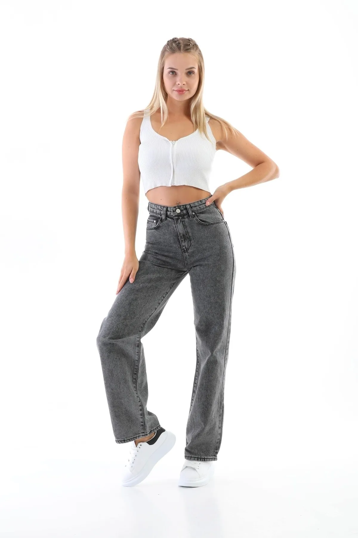BİKELİFE  Geräucherte, schneegewaschene Palazzo-Jeans mit hoher Taille für Damen