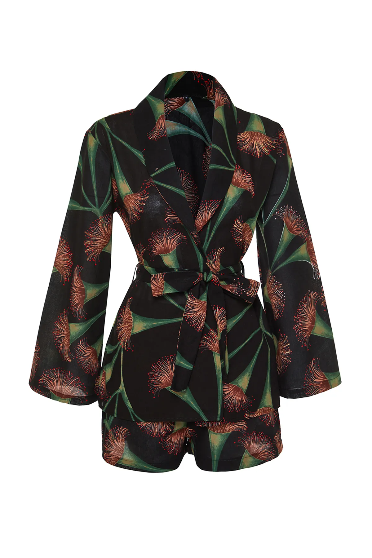 Trendyol Collection  Gewebtes Kimono-Shorts-Set aus 100 % Baumwolle mit Blumenmuster und Gürtel TBESS24AU00012