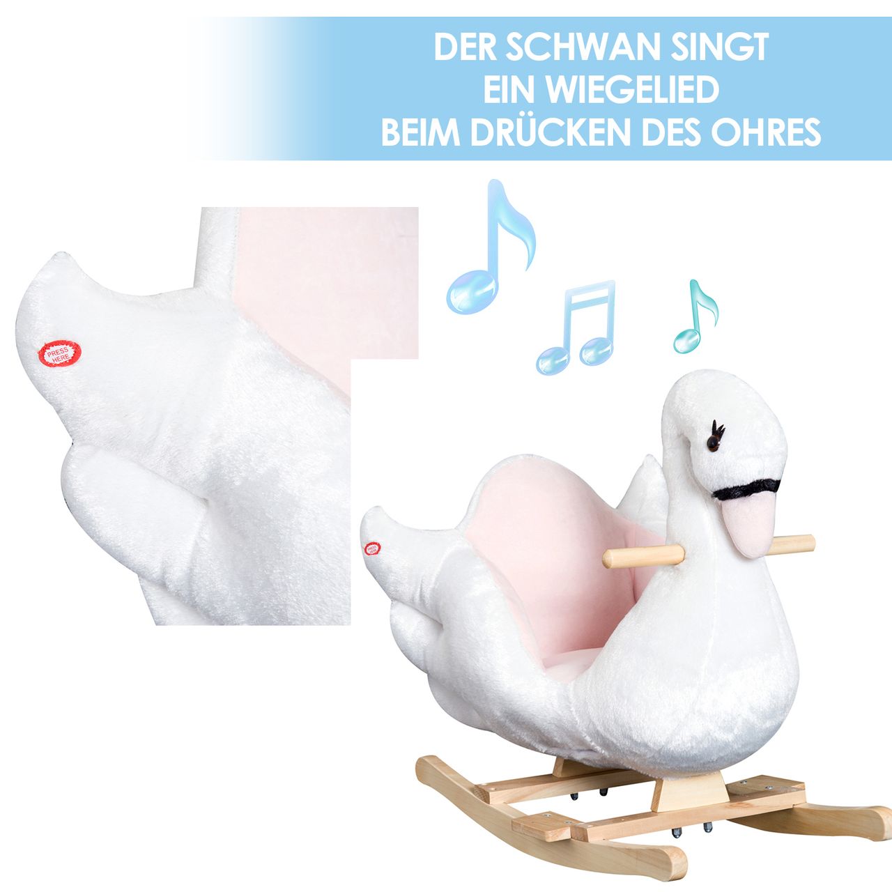 HOMCOM Kinder Schaukelpferd Baby Schaukeltier Schwan mit Musik Spielzeug Haltegriffe ab 18 Monate Plüsch Rosa Weiß 60 x 32 x 55 cm