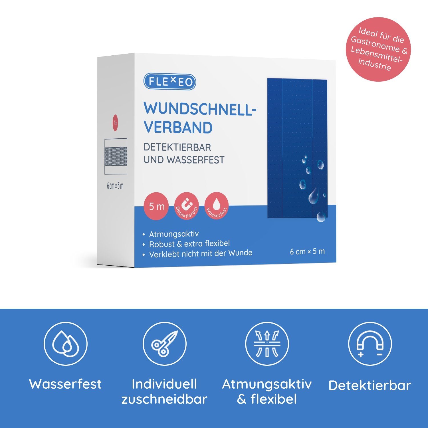 FLEXEO Wundpflaster Wundschnellverband (1 St), Zuschneidbares Pflaster, detektierbar wasserfest blau, 6cmx5m