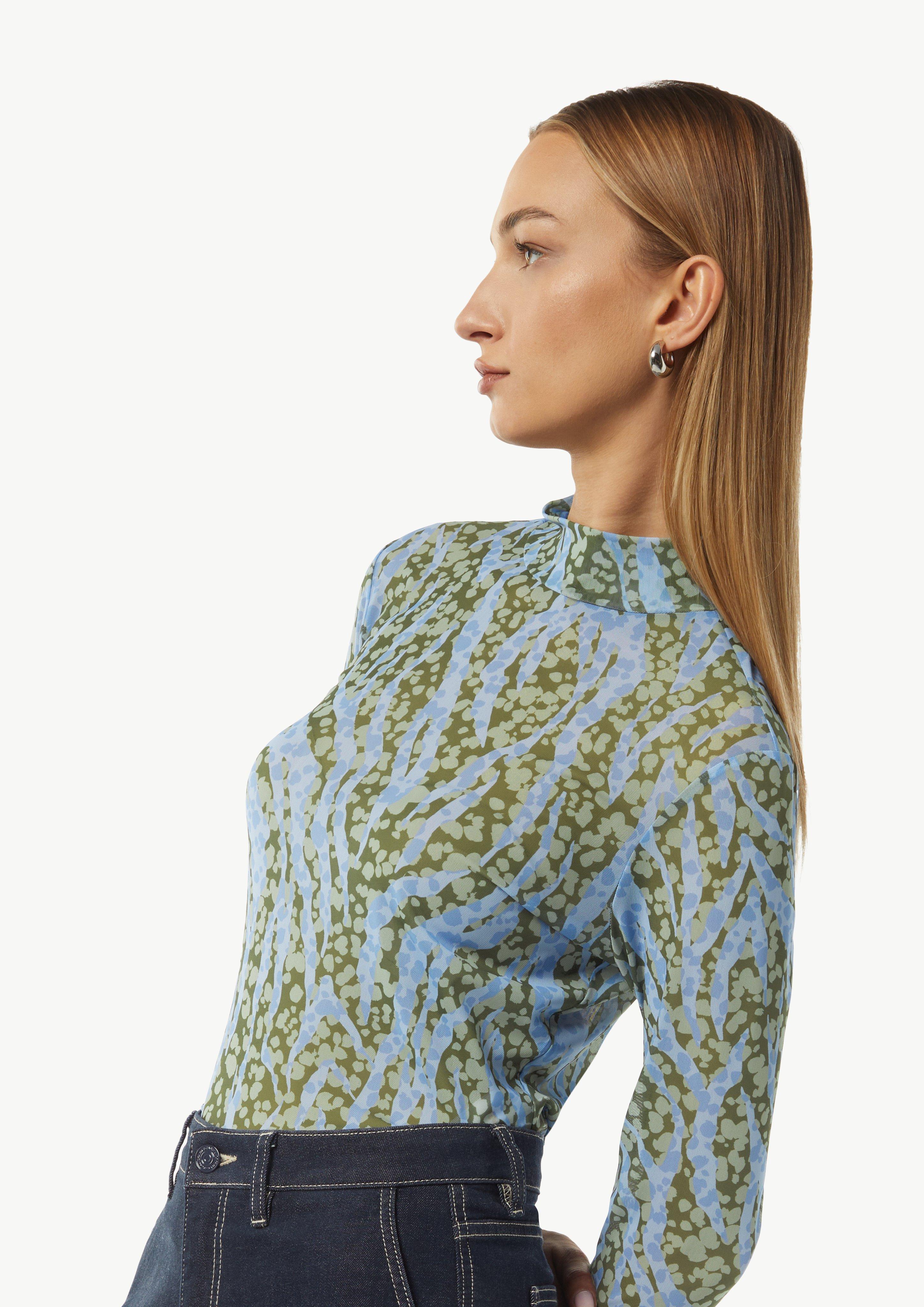 Mesh-Shirt mit Stehkragen - olivgrün