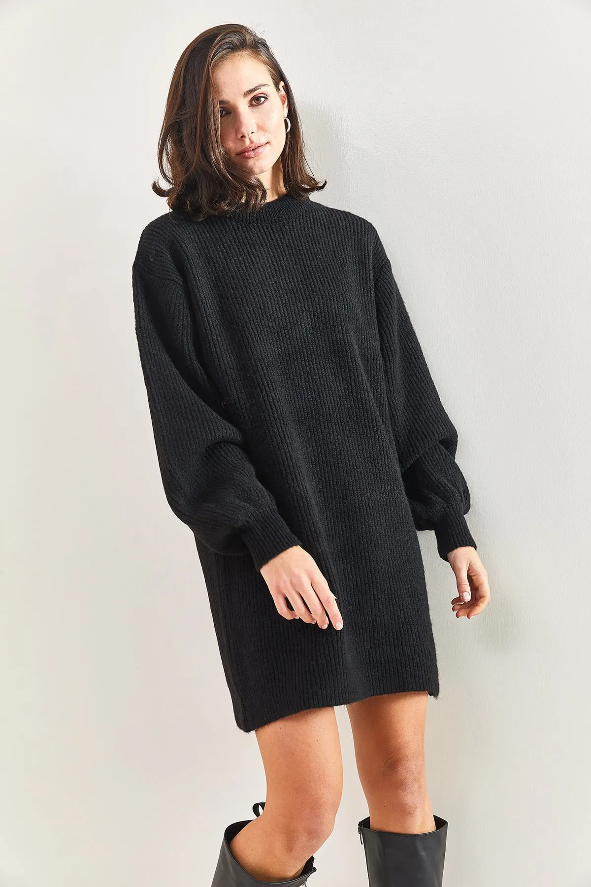 Bianco Lucci  Damen Ärmel Gemustertes Rippenstrick Tunika Pullover Kleid