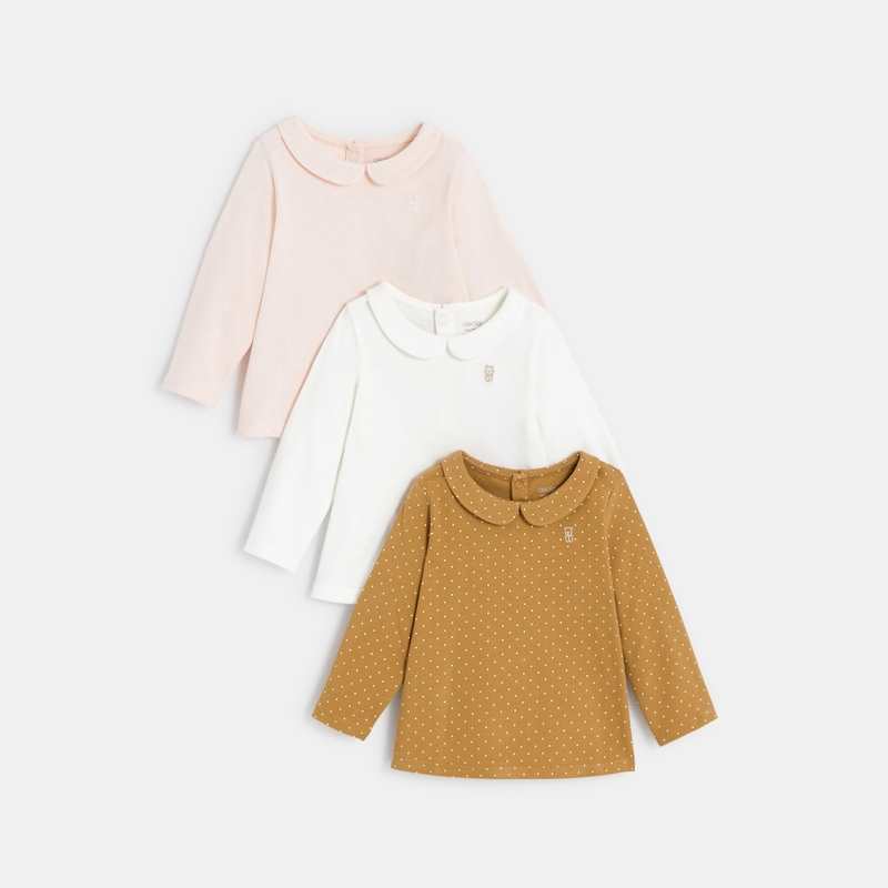 T-shirt uni col claudine (lot de 3) rose bébé fille