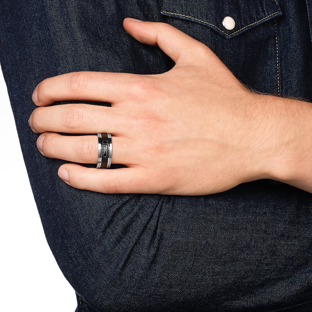 Fossil Bague pour hommes Acier inoxydable, Matière synthétique argent Bague