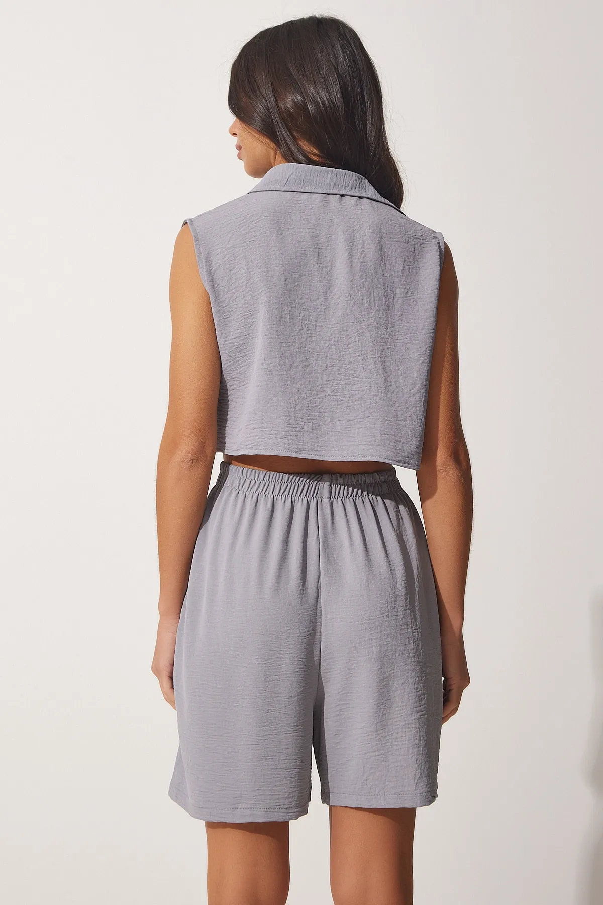 Happiness İstanbul  Graues ärmelloses Damen-Set mit Shorts und weiten Hosen MX00090