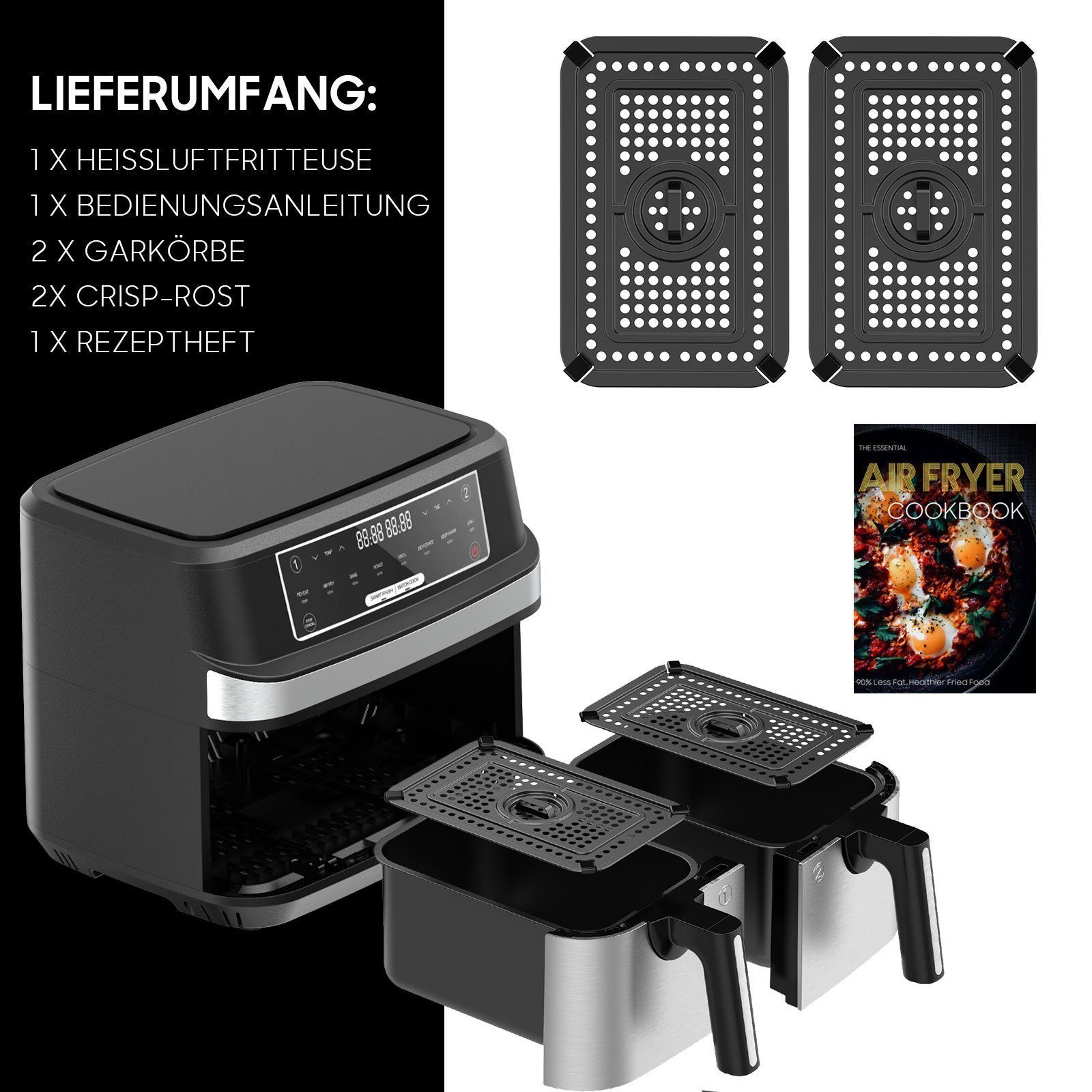 Senmudi Heißluftfritteuse 10L Heißluftfritteuse mit Doppelkammer, XXL Airfryer mit 8 Programmen, 2600,00 W, Sync Finish Funktion, ohne Öl, Digitalem LED-Touchscreen