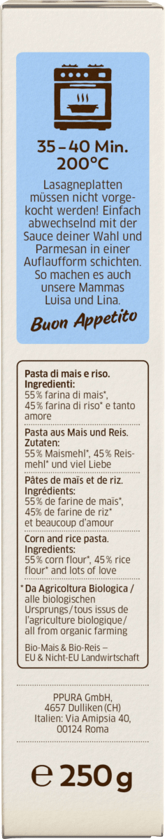 Nudeln, Lasagne aus Mais/Reis, glutenfrei, 250 g