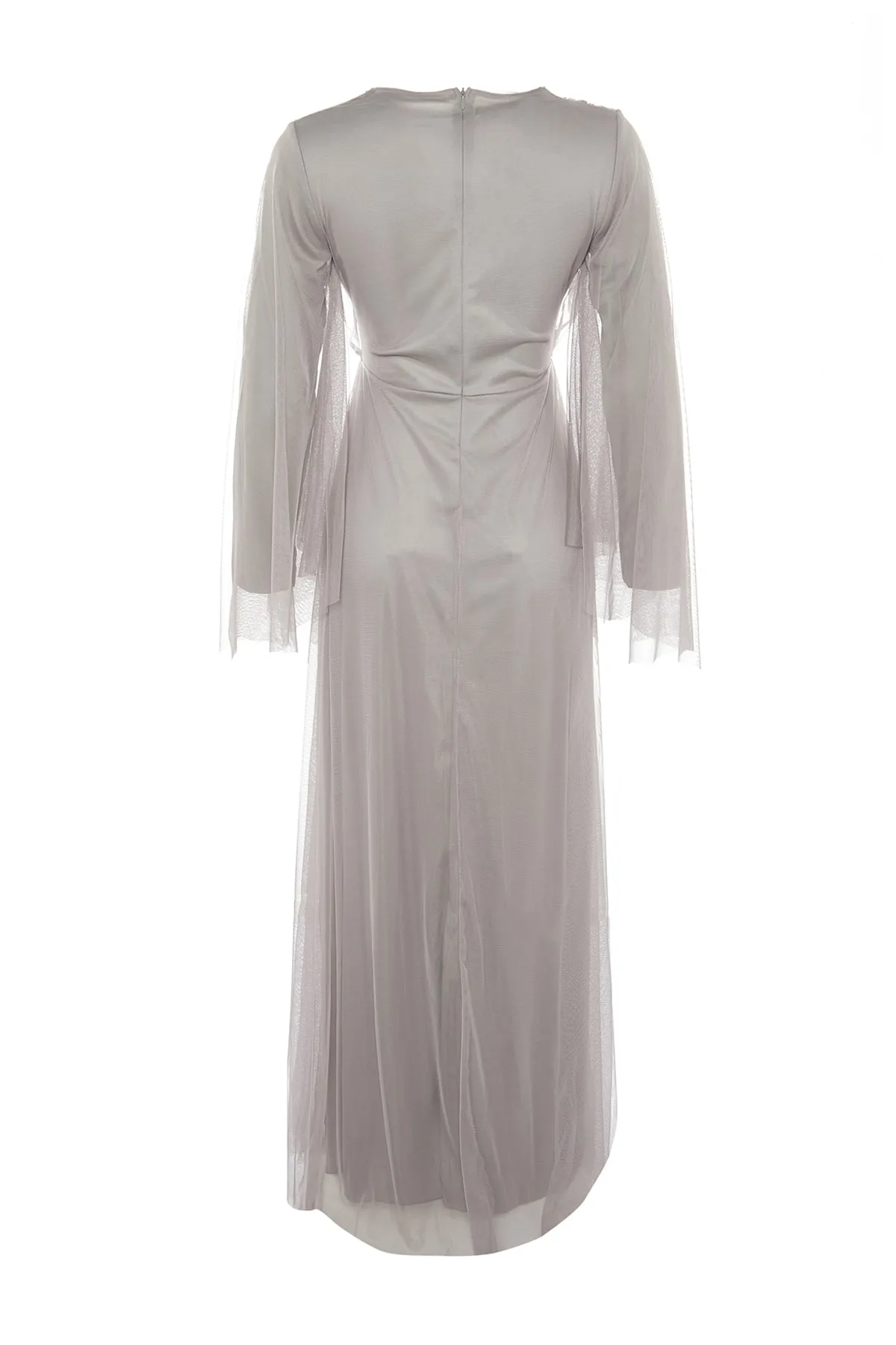 Trendyol Modest  Graues Tüllcape und abnehmbare, mit Schmucksteinen verzierte Brosche am Abendkleid TCTSS22DB00014