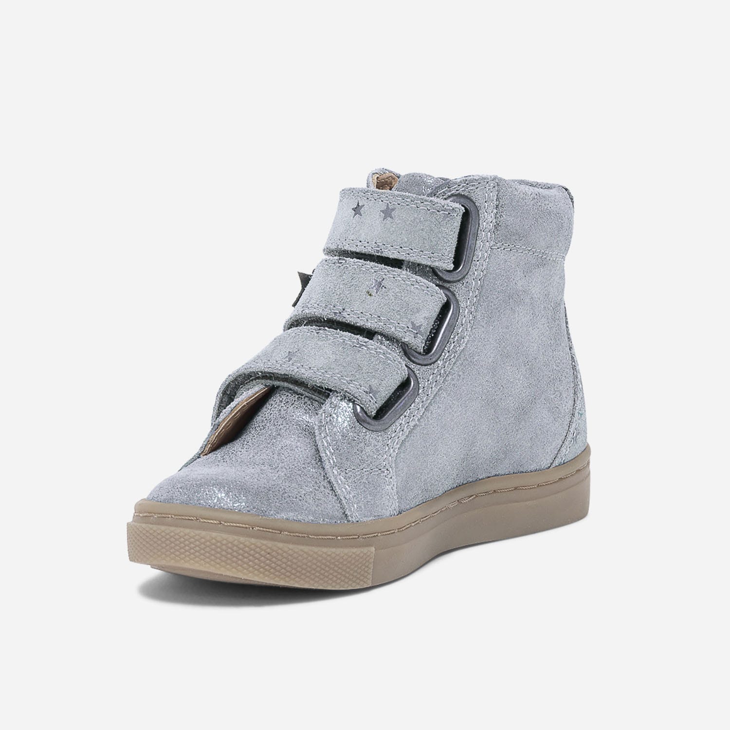 Boots grise en cuir velours irisé à scratchs étoilés