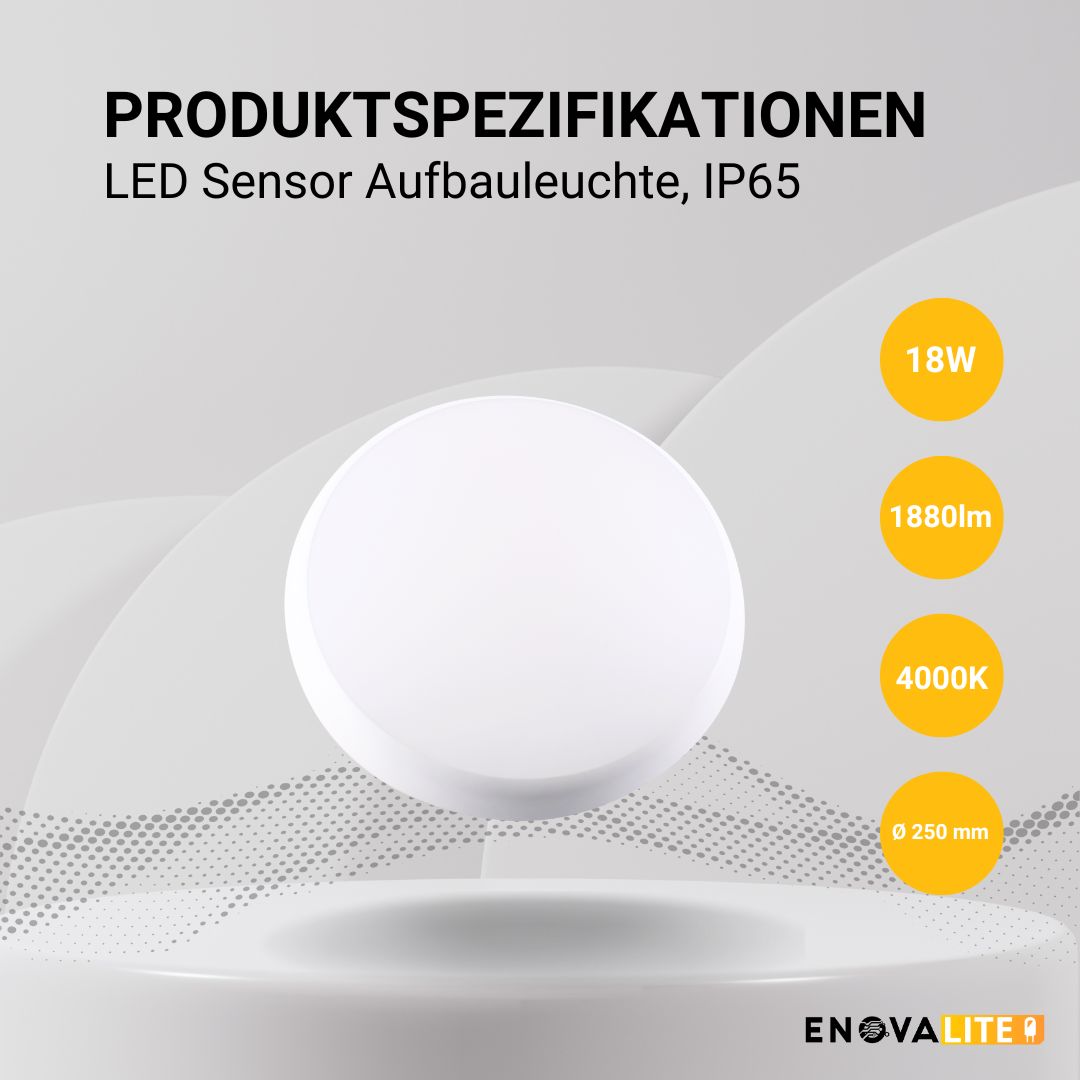 ENOVALITE LED Aufbauleuchte mit Sensor, 18W, 4000K, ø250mm