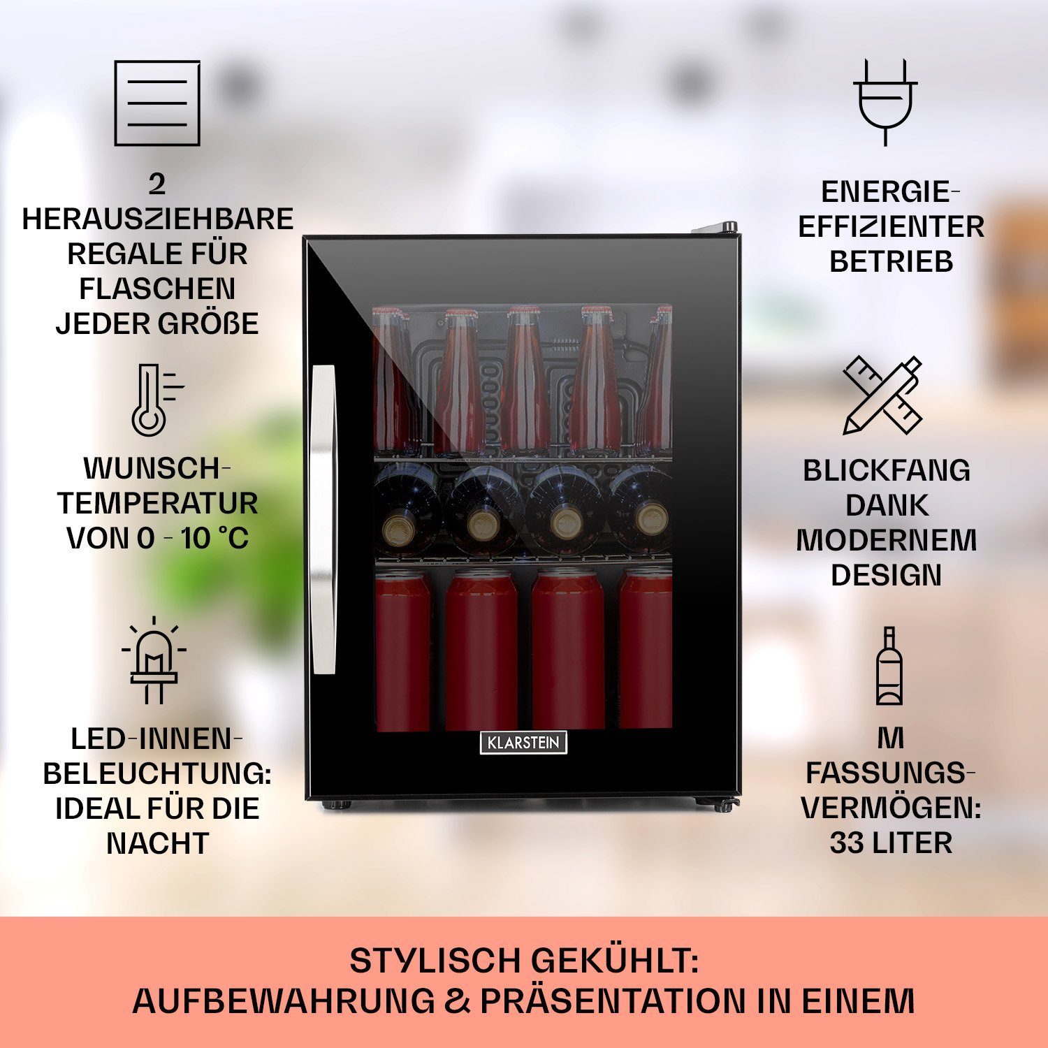 Klarstein Getränkekühlschrank HEA-Beersafe-M-OX 10034847A, 54 cm hoch, 40.5 cm breit, Mini Kühlschrank ohne Gefrierfach klein Getränkekühlschrank Glastür