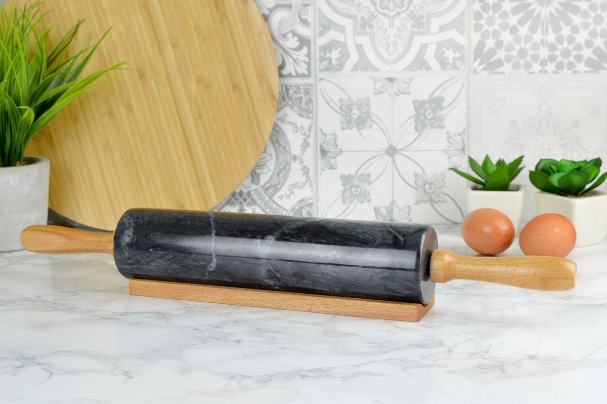 Sendez Teigroller Teigroller aus Marmor mit Ständer 46x6cm Teigrolle Ausroller Nudelrolle 2kg