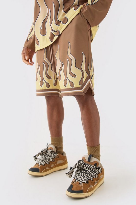 Mesh Basketball-Shorts mit Flammen-Print