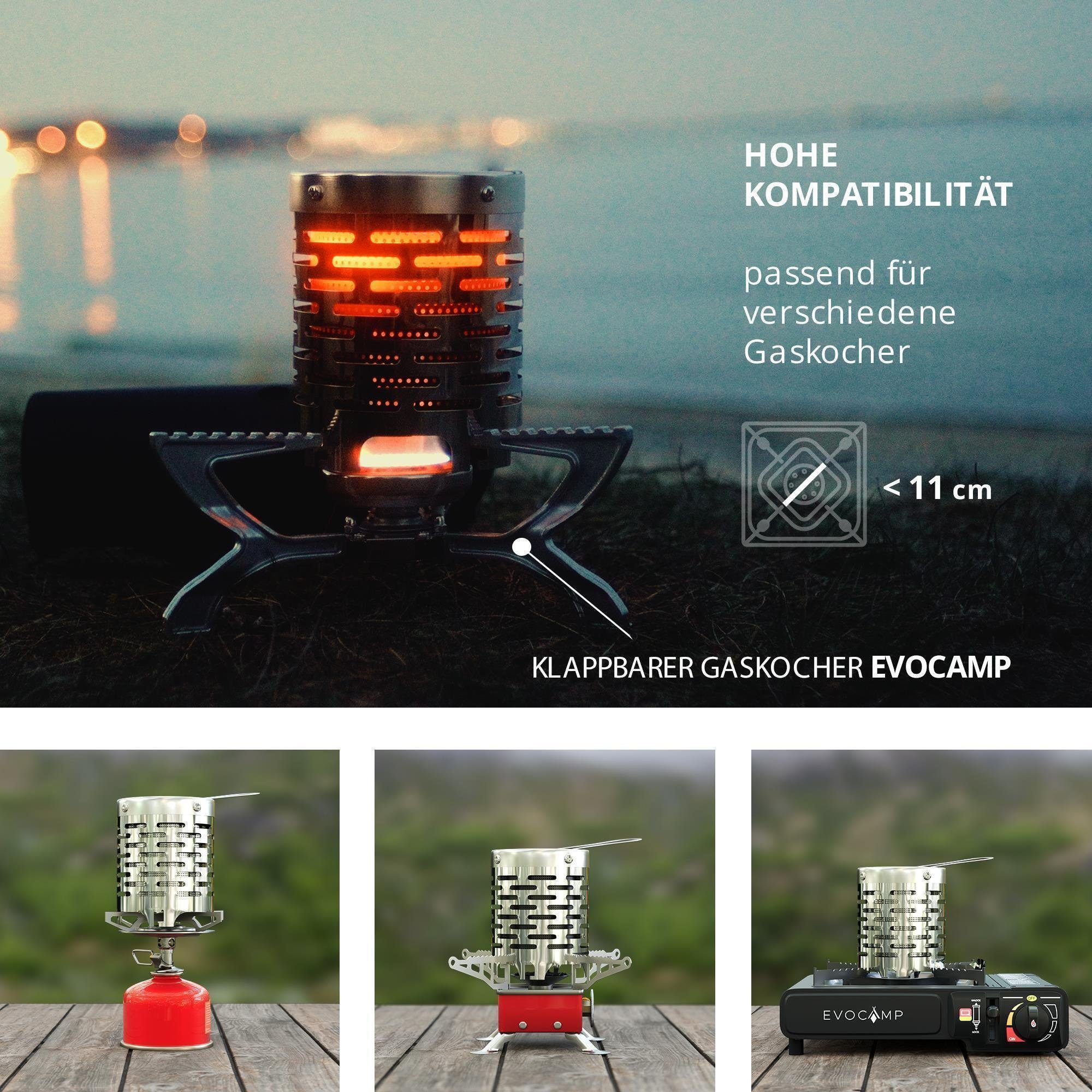 EVOCAMP Gaskocher Heizaufsatz mit 20x20cm feuerfester Unterlage, (Heizaufsatz für Gaskocher mit feuerfester Unterlage), ideal als Zeltheizung und Campingheizung