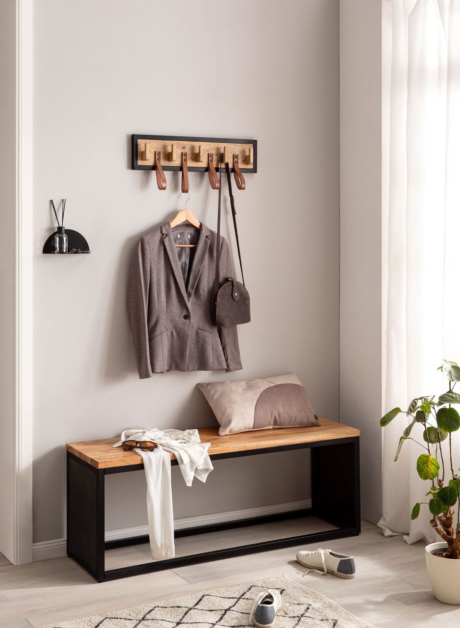 Wohnling Wandgarderobe Hakenleiste Holz Echtleder 60 cm Garderobe Flur Metall