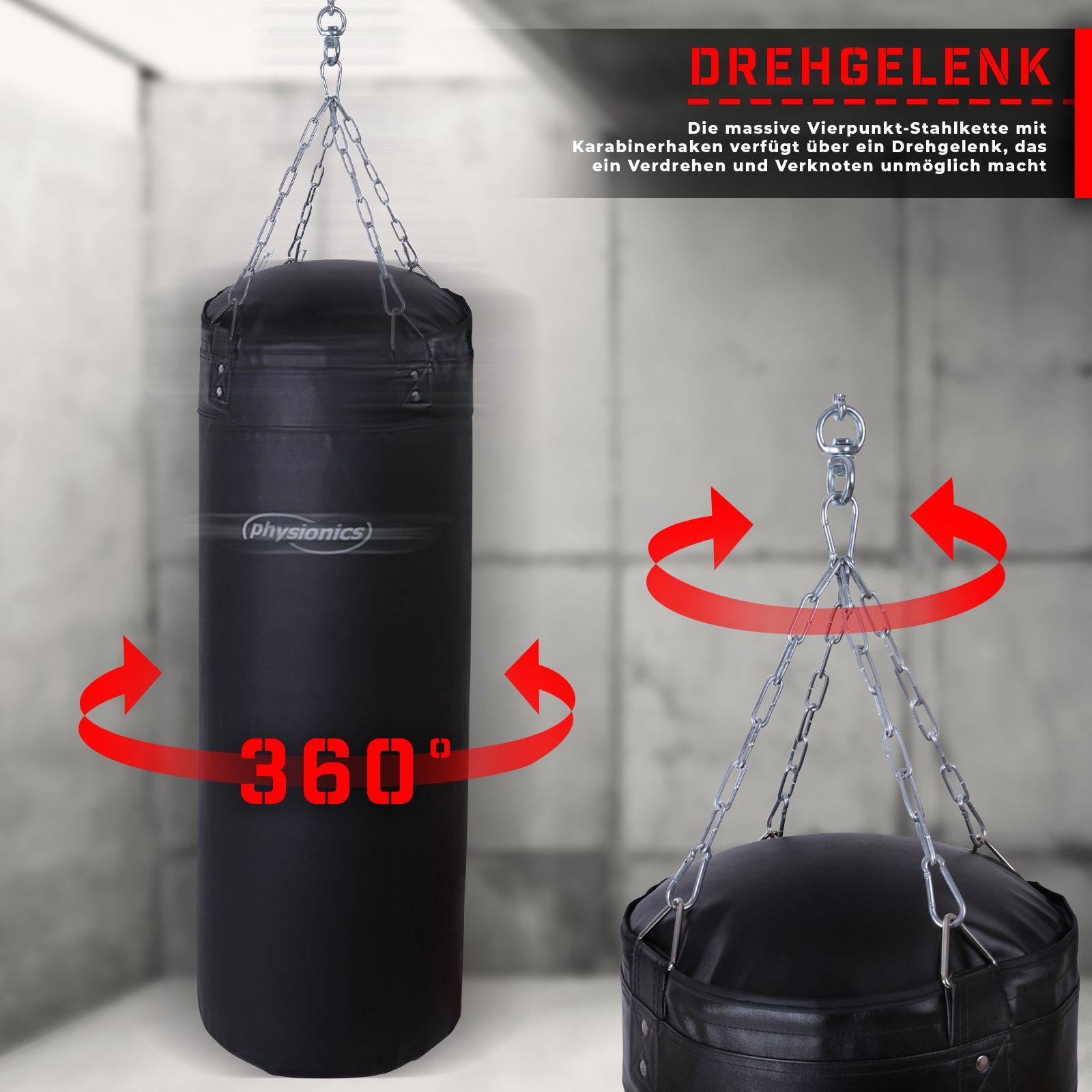Physionics Boxsack Erwachsene 30kg Gefüllt Sandsack 120cm Punching Bag Halterung