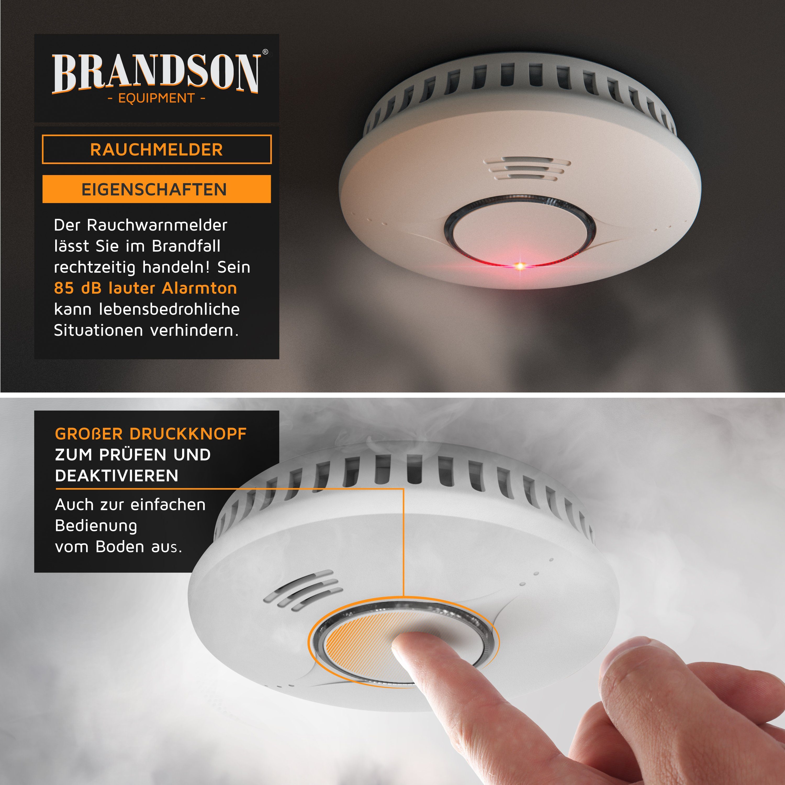 Brandson Rauchmelder (10 Jahre Batterie, 85 dBA, LED Indikator, N14604:2005/AC: 2008 konform)