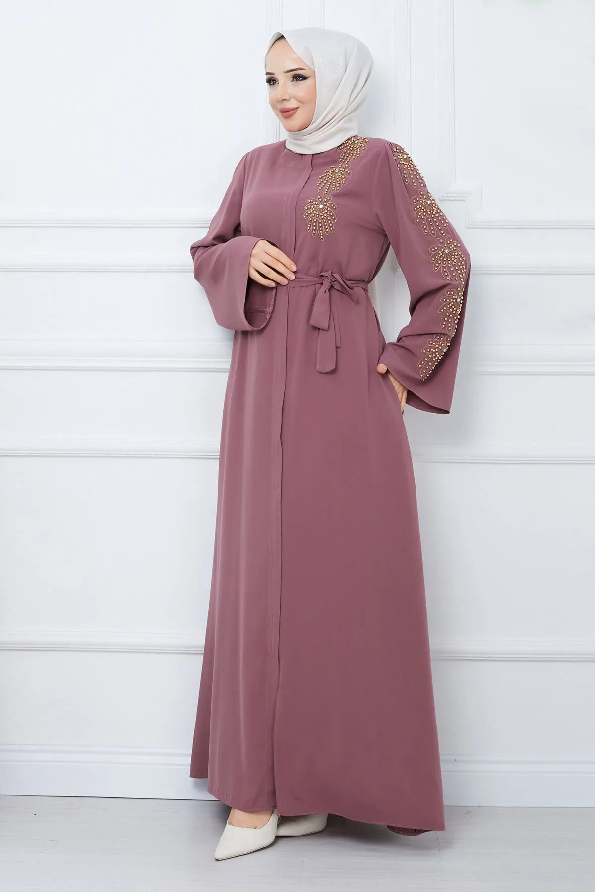 Tesettür Dünyası  Griff Perlen Bestickt Gürtel Hijab Ferace TSD240203 Getrocknete Rose