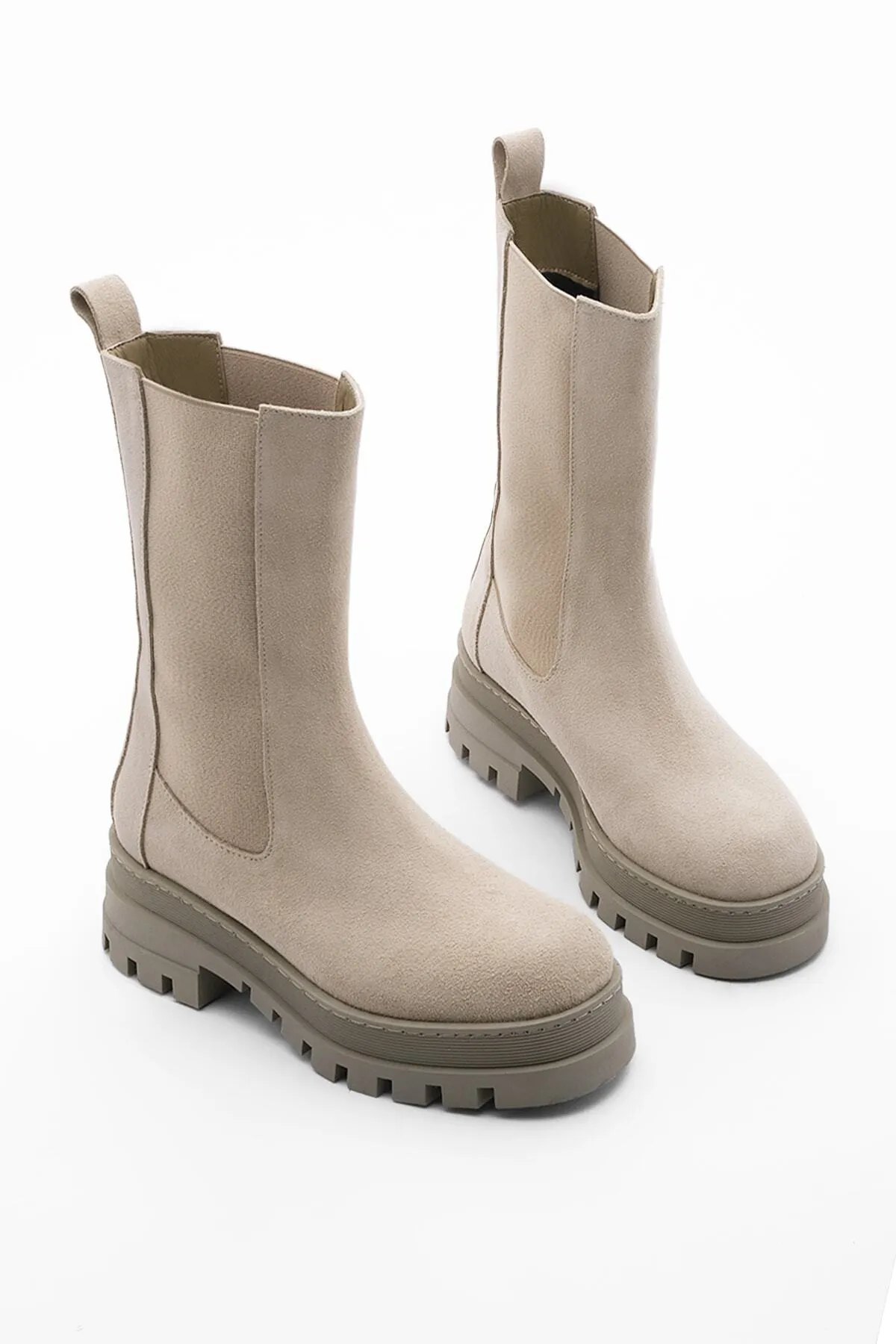 Marjin  Damen Stiefel aus echtem Leder für den Alltag, dicke gezackte Sohle, elastisch, Unvez, beige, Wildleder