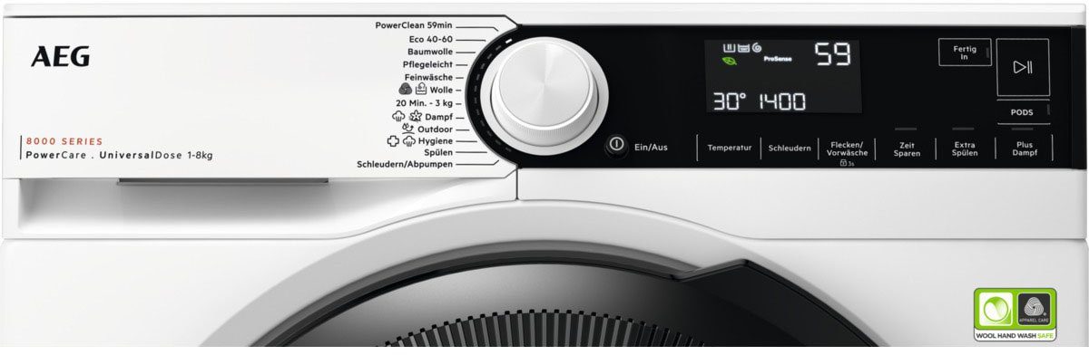 AEG Waschmaschine LR8E70480, 8 kg, 1400 U/min, PowerClean - Fleckenentfernung in 59 Min. bei nur 30 °C