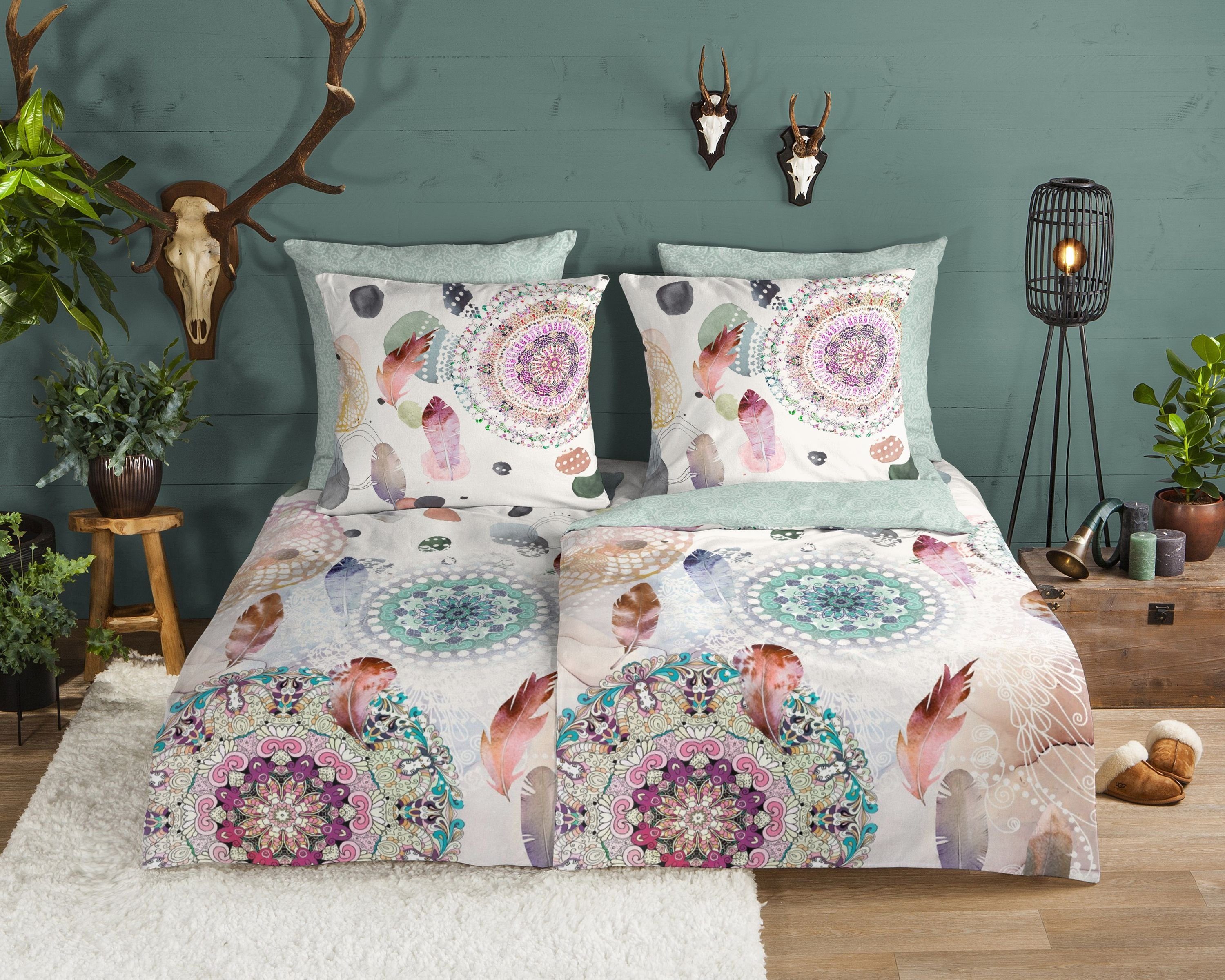 Bettwäsche Comfort Baumwolle, Traumschloss, Flanell, 2 teilig, pastellfarbende Mandalas und Federn