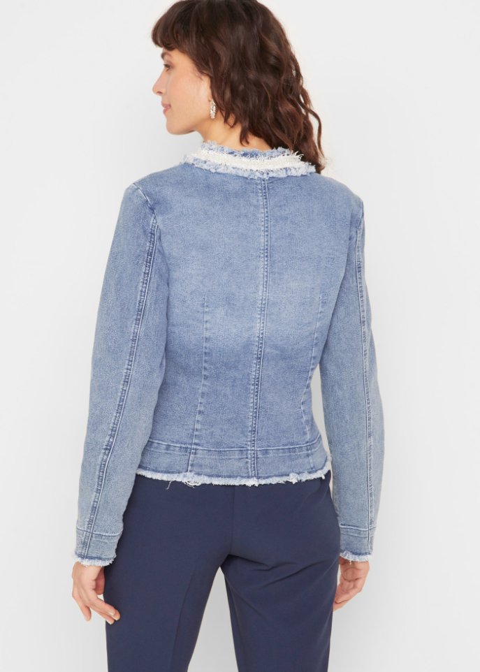 Jeansjacke mit Tweed und Perlen