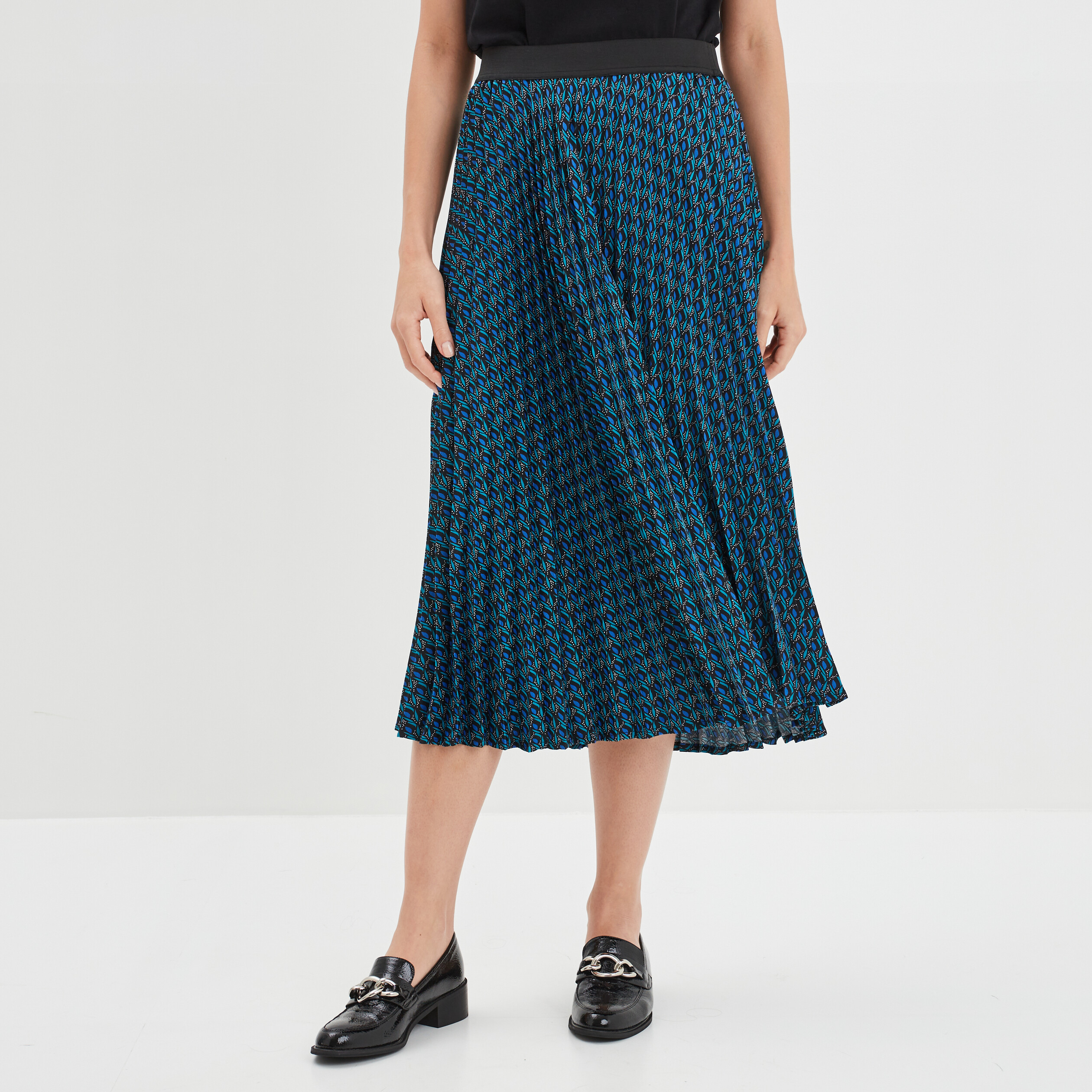 Jupe midi plissée en satin bleu marine femme | La Halle