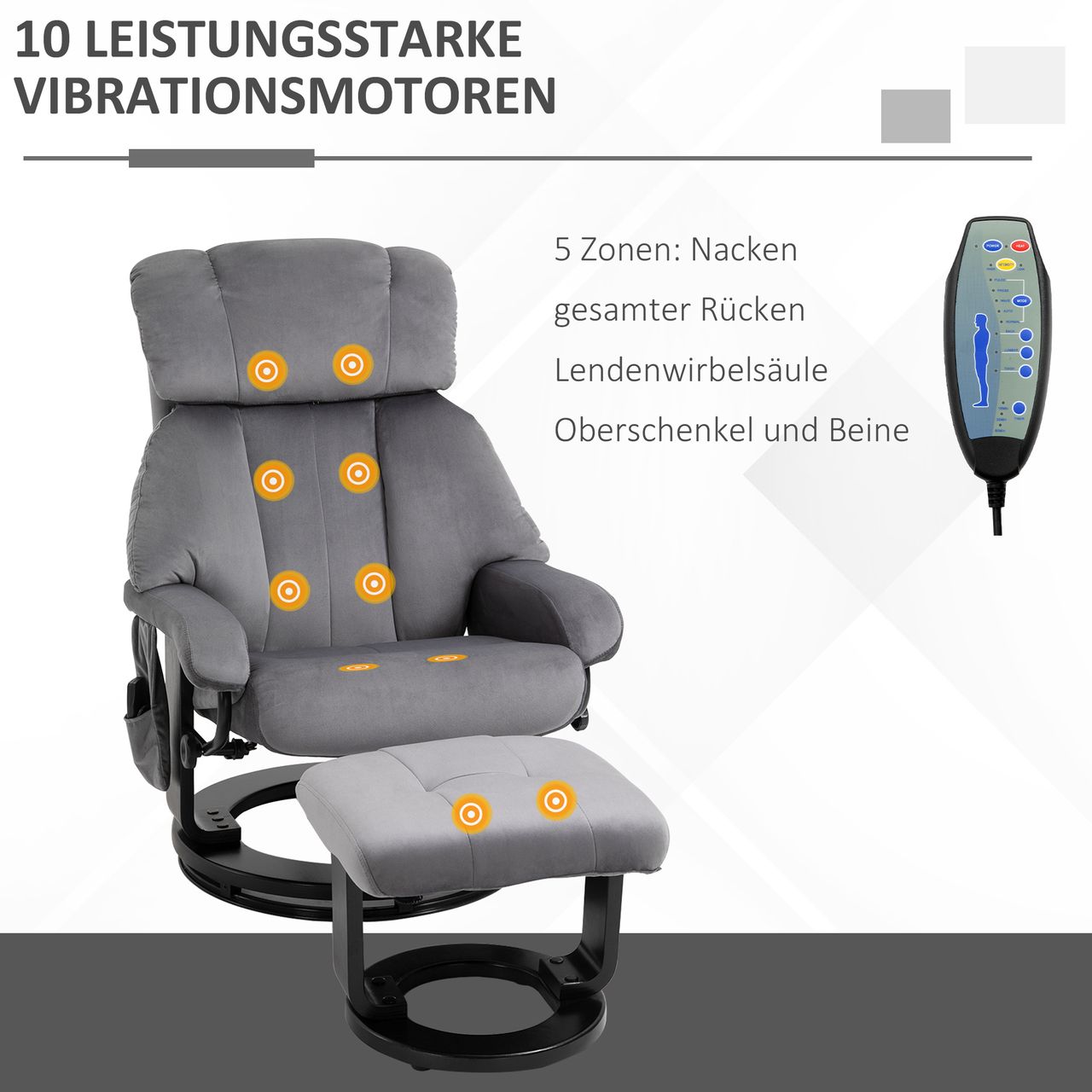 HOMCOM Massagesessel Fernsehsessel Sessel mit Hocker Massagefunktion samtartiges Polyester Grau 76 x 80 x 102 cm