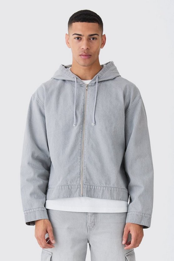 Kastiger Denim-Hoodie mit Reißverschluss