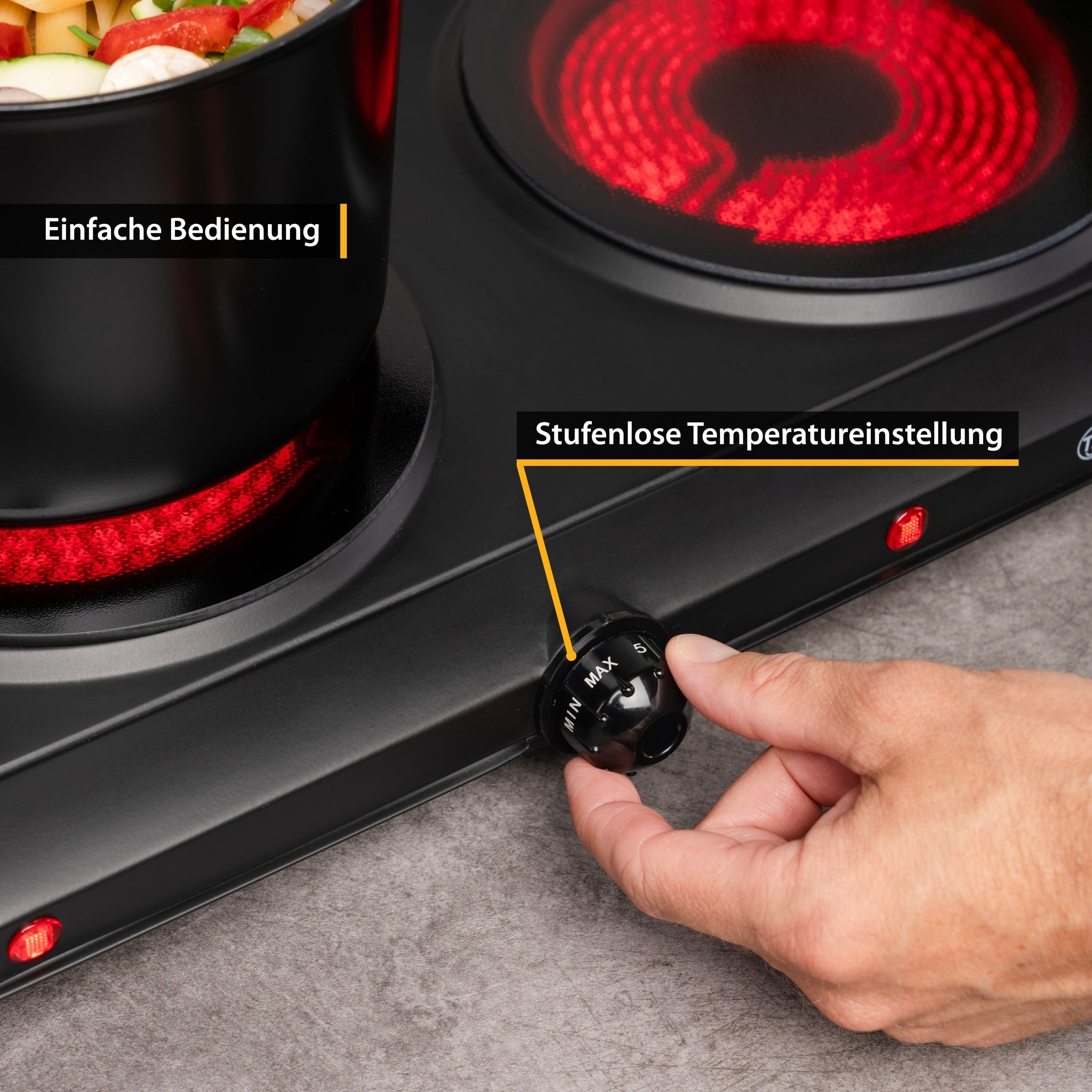TZS FIRST AUSTRIA Doppelkochplatte Infrarot Kochplatte, 2500W, Keramik, stufenlose Temperaturregelung, Kochfeld Schwarz, Herdplatte für Camping