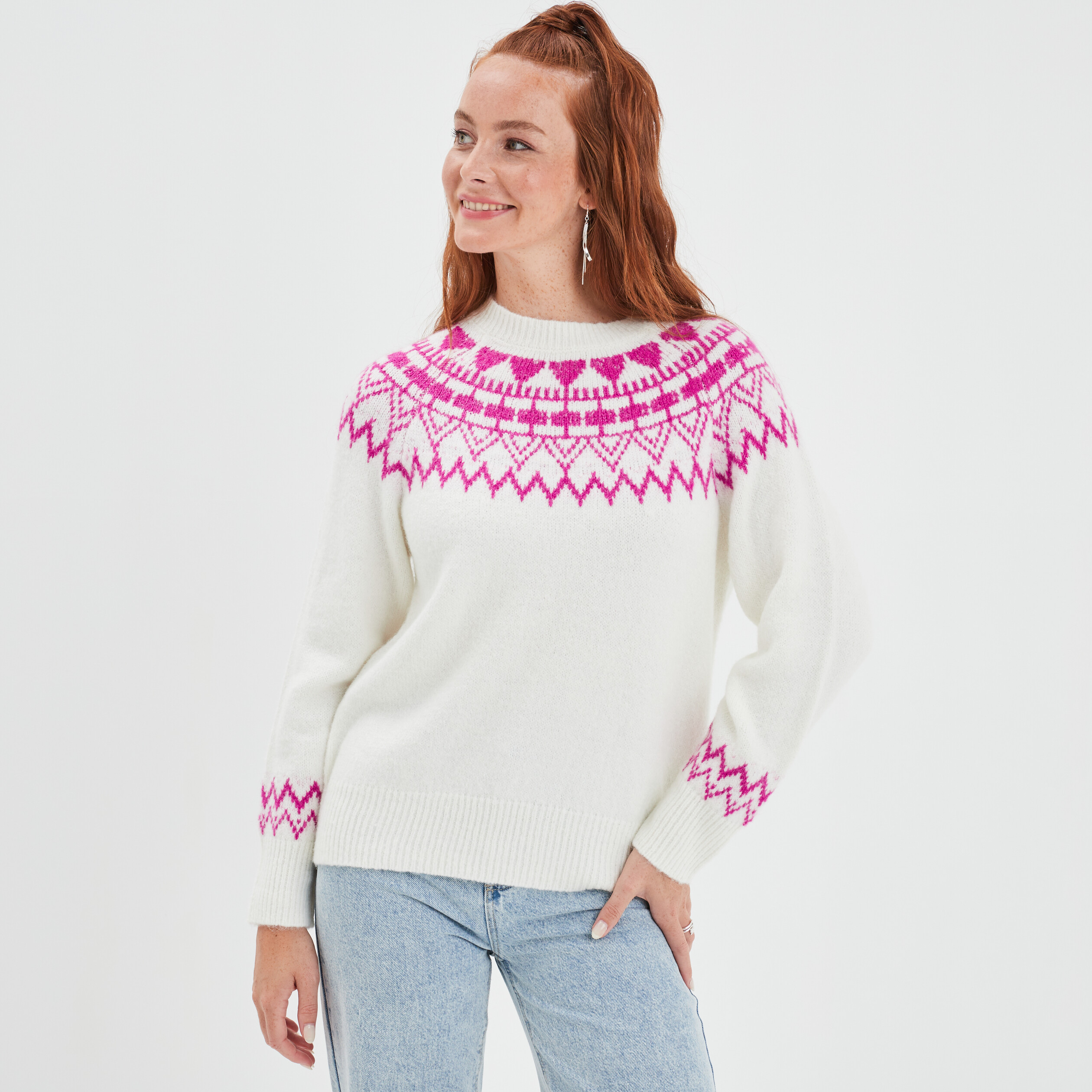 Pull col rond manches longues Creeks blanc femme | La Halle