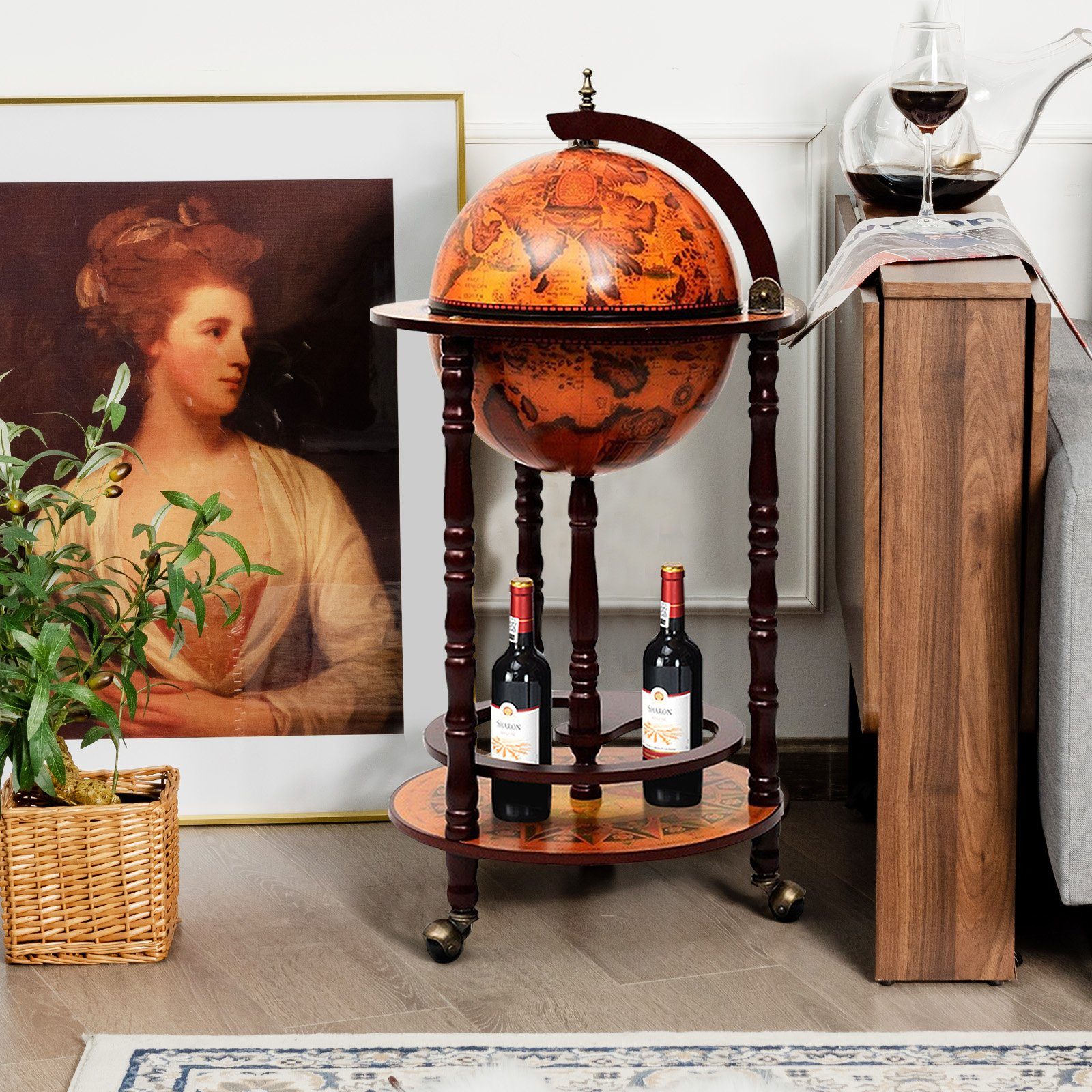COSTWAY Weinregal stehend, Flaschenregal, Globusbar, mit Rollen & Deckel