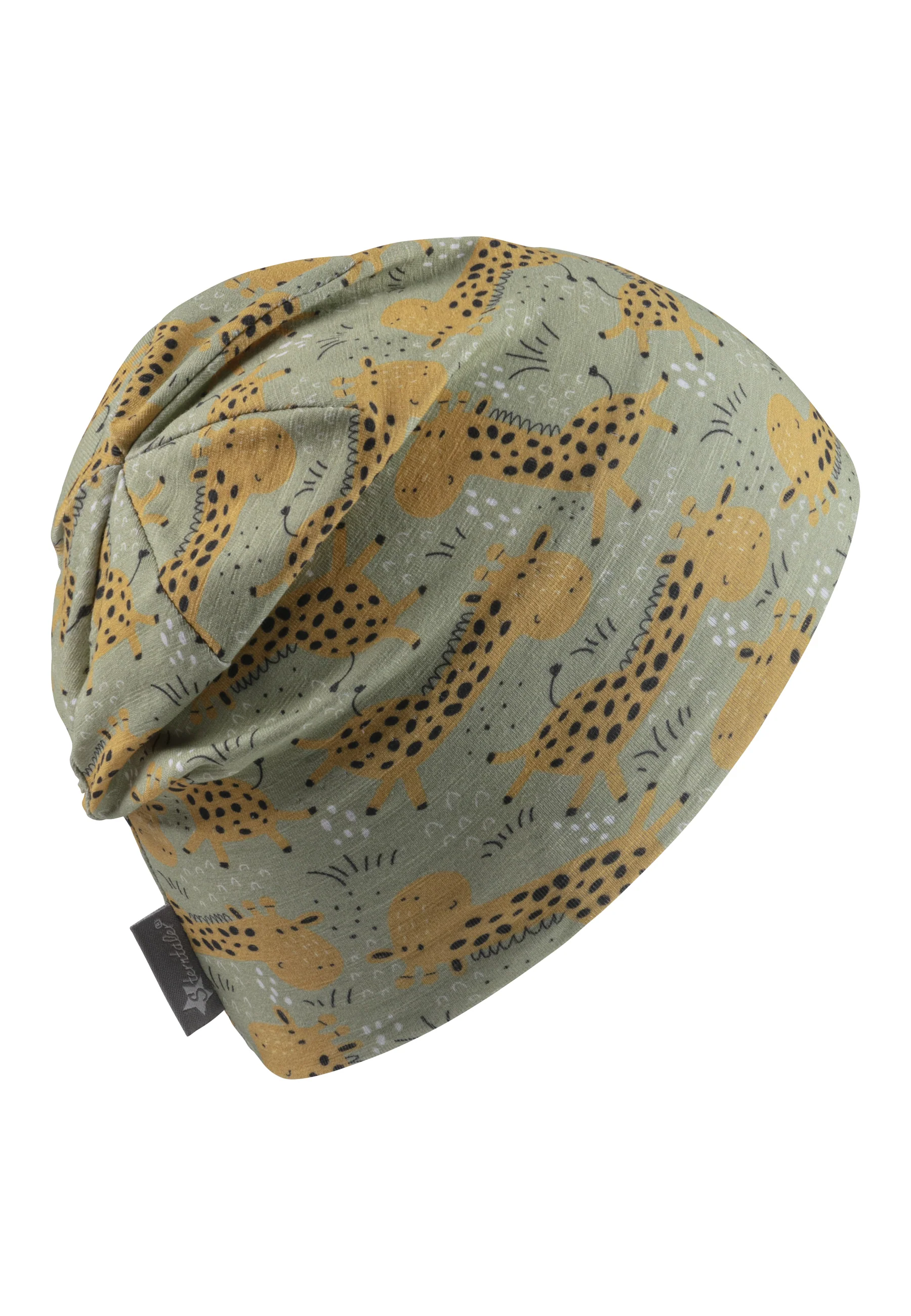 Beanie bedruckt mit Allover-Giraffen Motiv in grün