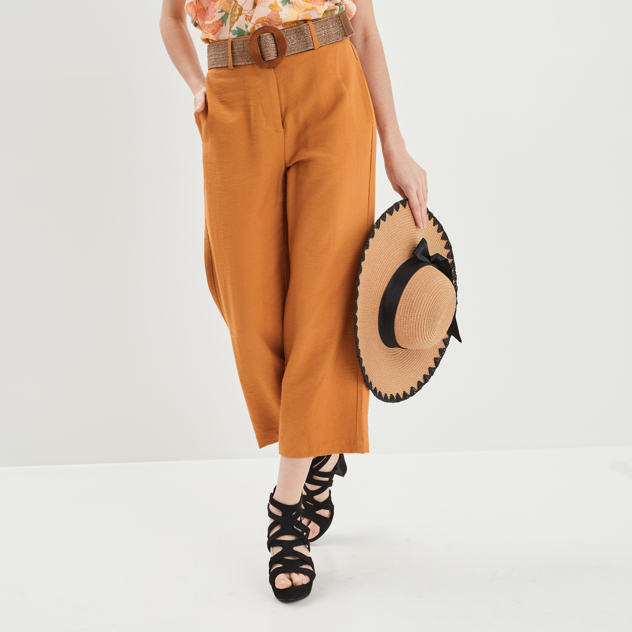 Pantalon large taille haute ceinturé marron cognac femme | La Halle