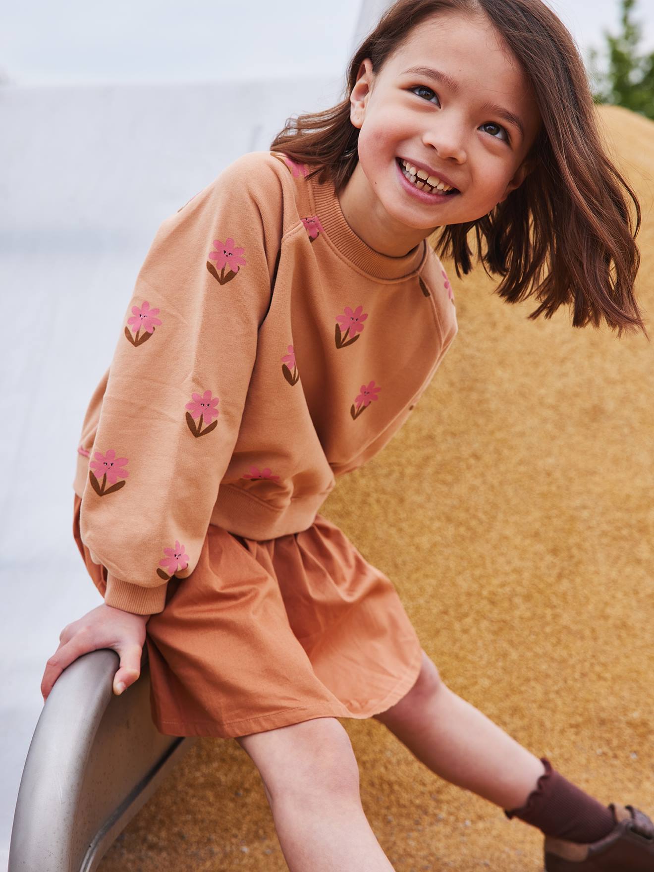 Robe effet 2 en 1 fleurs pop fille bi-matière pêche