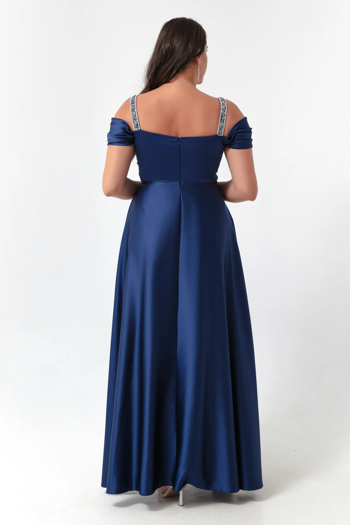 Lafaba  Marineblaues, drapiertes, langes Abendkleid mit Steinträgern für Damen in Übergröße