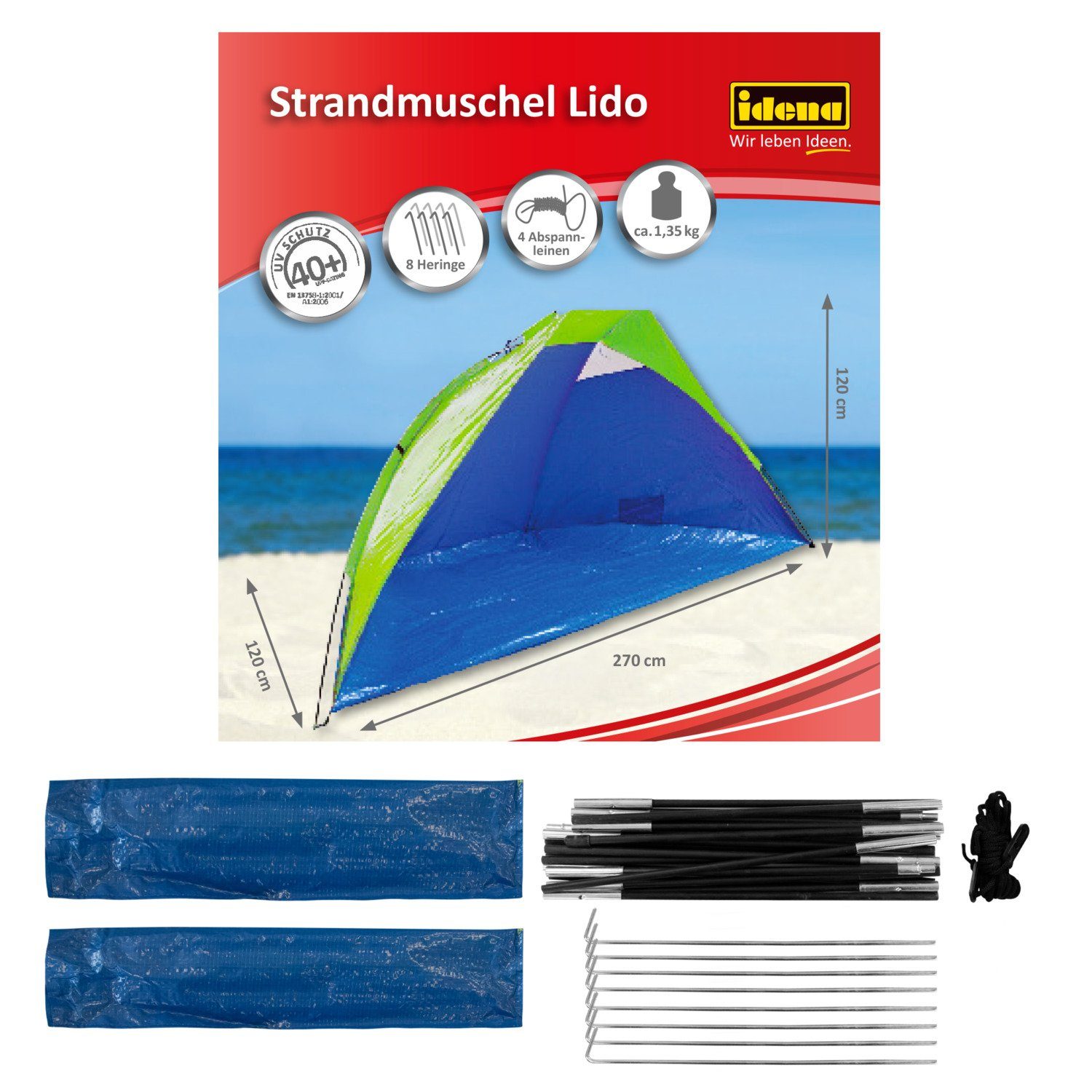 Idena Strandmuschel Idena 40321 - Strandmuschel Lido mit UV Schutz 40+, ca. 2,7 x 1,2 x