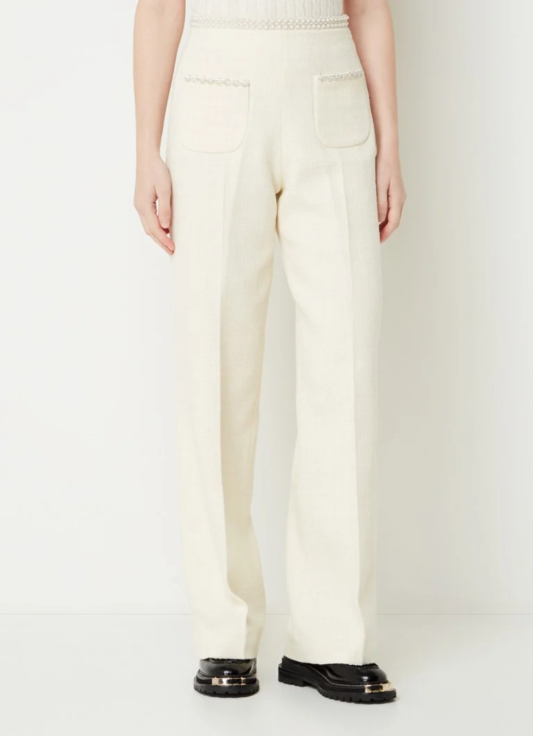Sandro High waist straight fit trousers with tweed look and imitation pearls